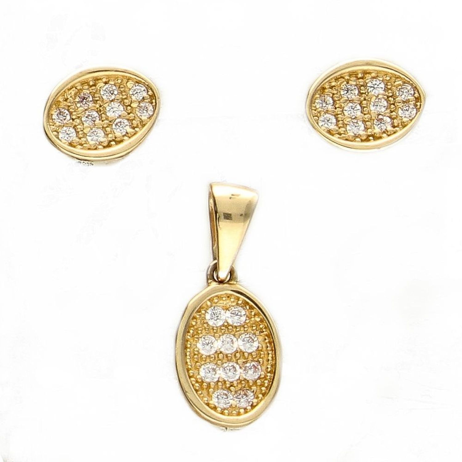 Komplet złotej biżuterii kolczyki i zawieszka 585 płaski owal z cyrkonią DIA-KPL-0989-585.jpg