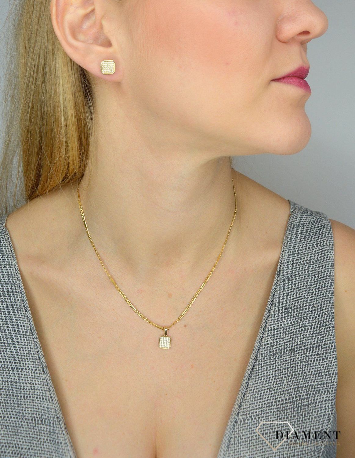 Komplet złotej biżuterii 585 kwadraciki z cyrkoniami DIA-KPL-0990-585.jpg