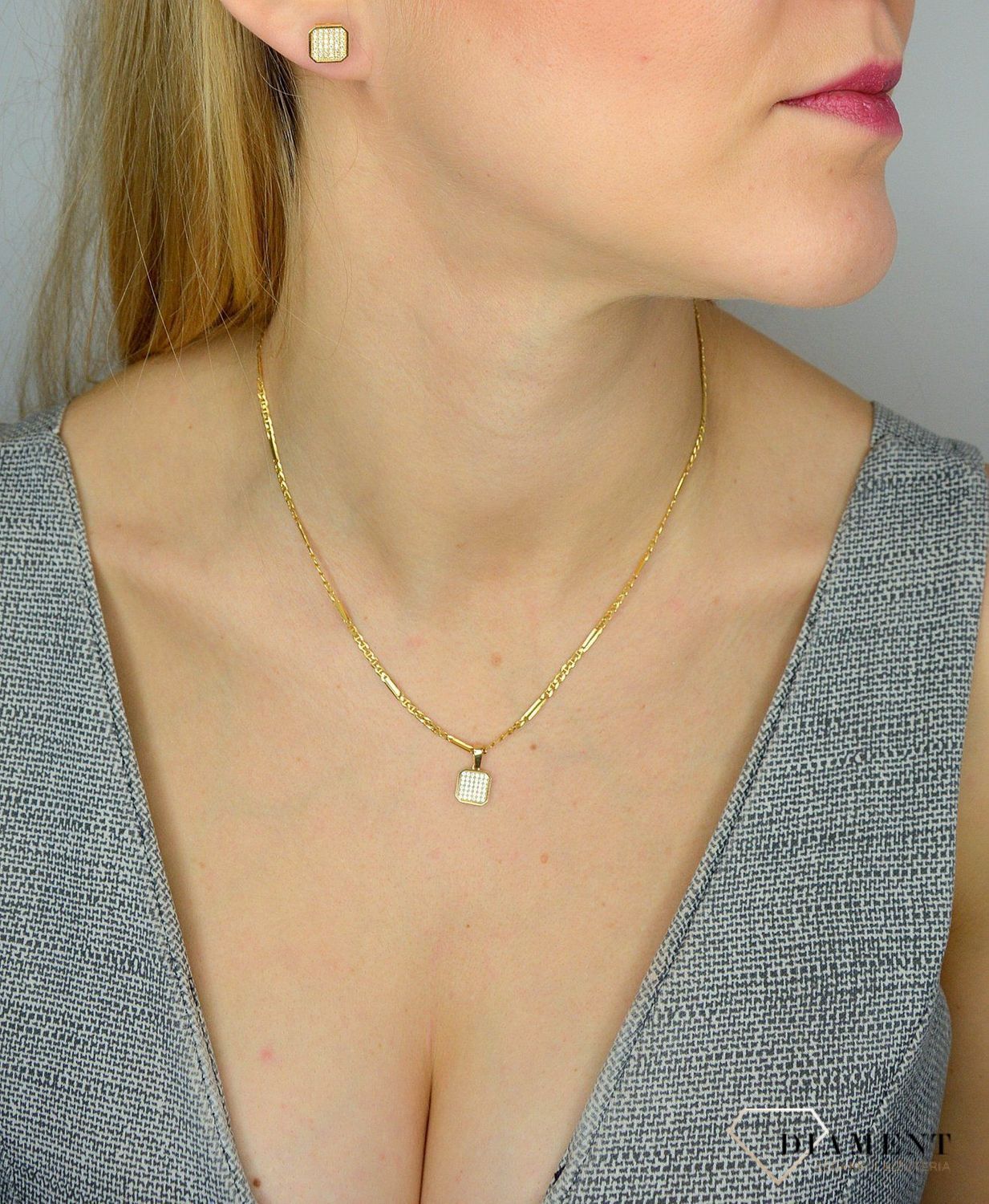 Komplet złotej biżuterii 585 kwadraciki z cyrkoniami DIA-KPL-0990-585.jpg