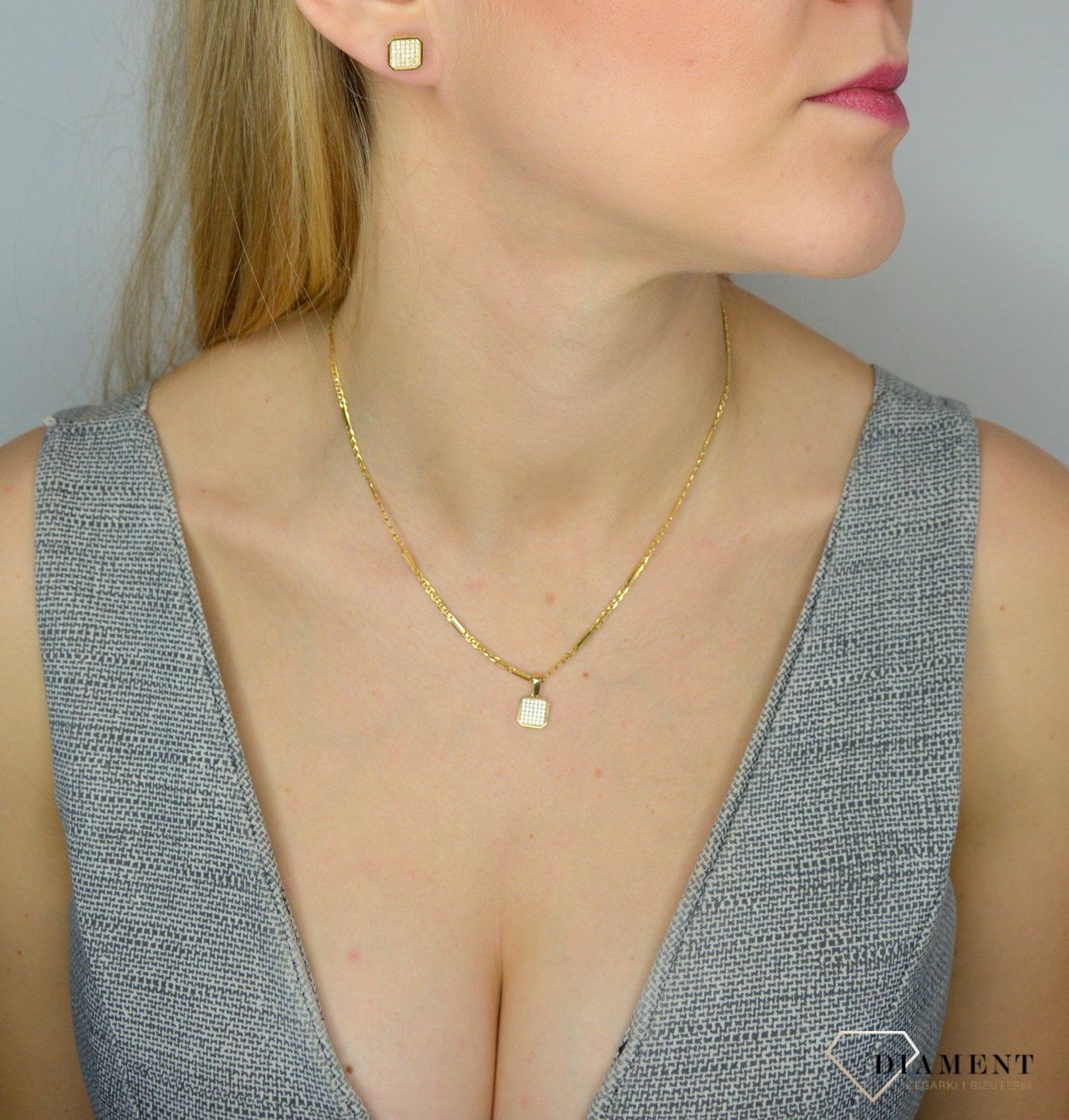 Komplet złotej biżuterii 585 kwadraciki z cyrkoniami DIA-KPL-0990-585.jpg
