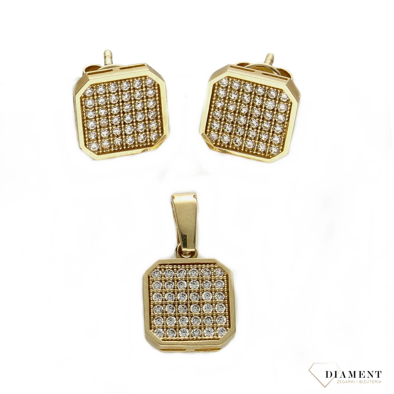 Komplet złotej biżuterii 585 kwadraciki z cyrkoniami DIA-KPL-0990-585.jpg