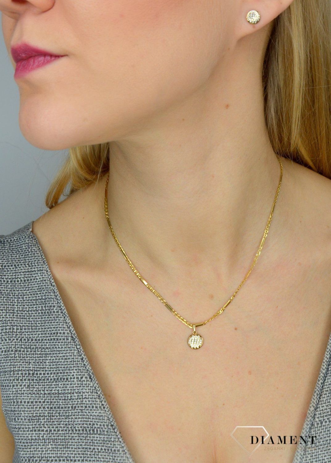 Komplet biżuterii złotej 585 płaskie kółka z cyrkonią DIA-KPL-0991-585.jpg