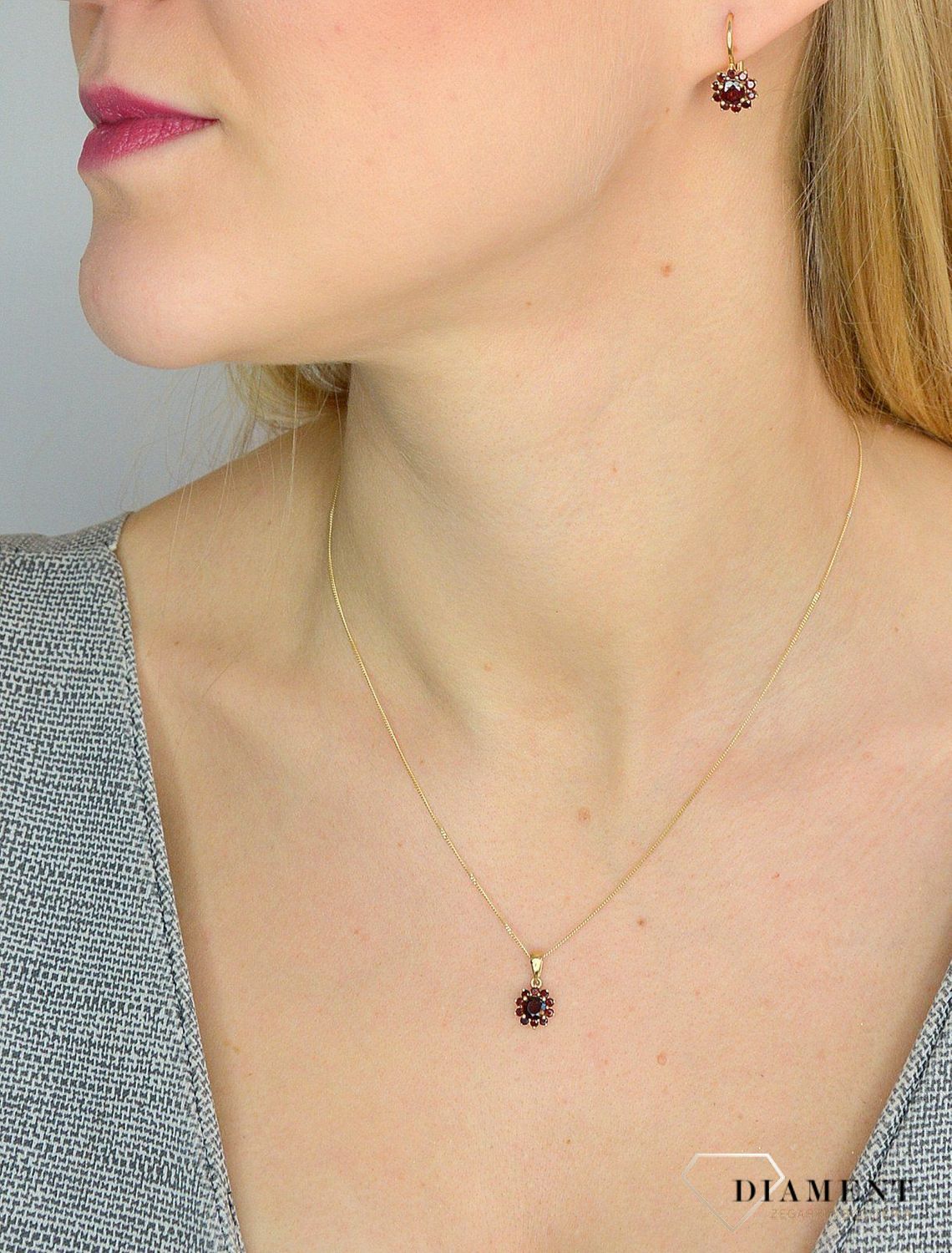 Komplet złotej biżuterii 585 kolczyki i zawieszka z granatem DIA-KPL-1006-585.jpg