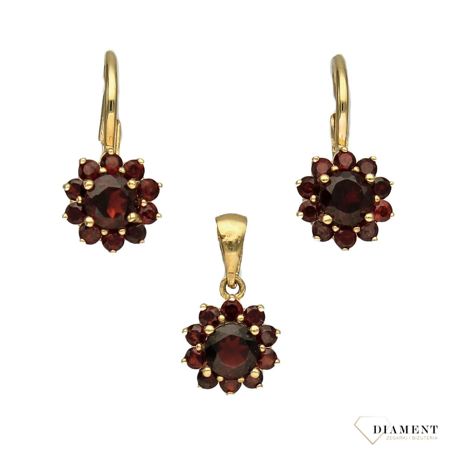Komplet złotej biżuterii 585 kolczyki i zawieszka z granatem DIA-KPL-1006-585.jpg