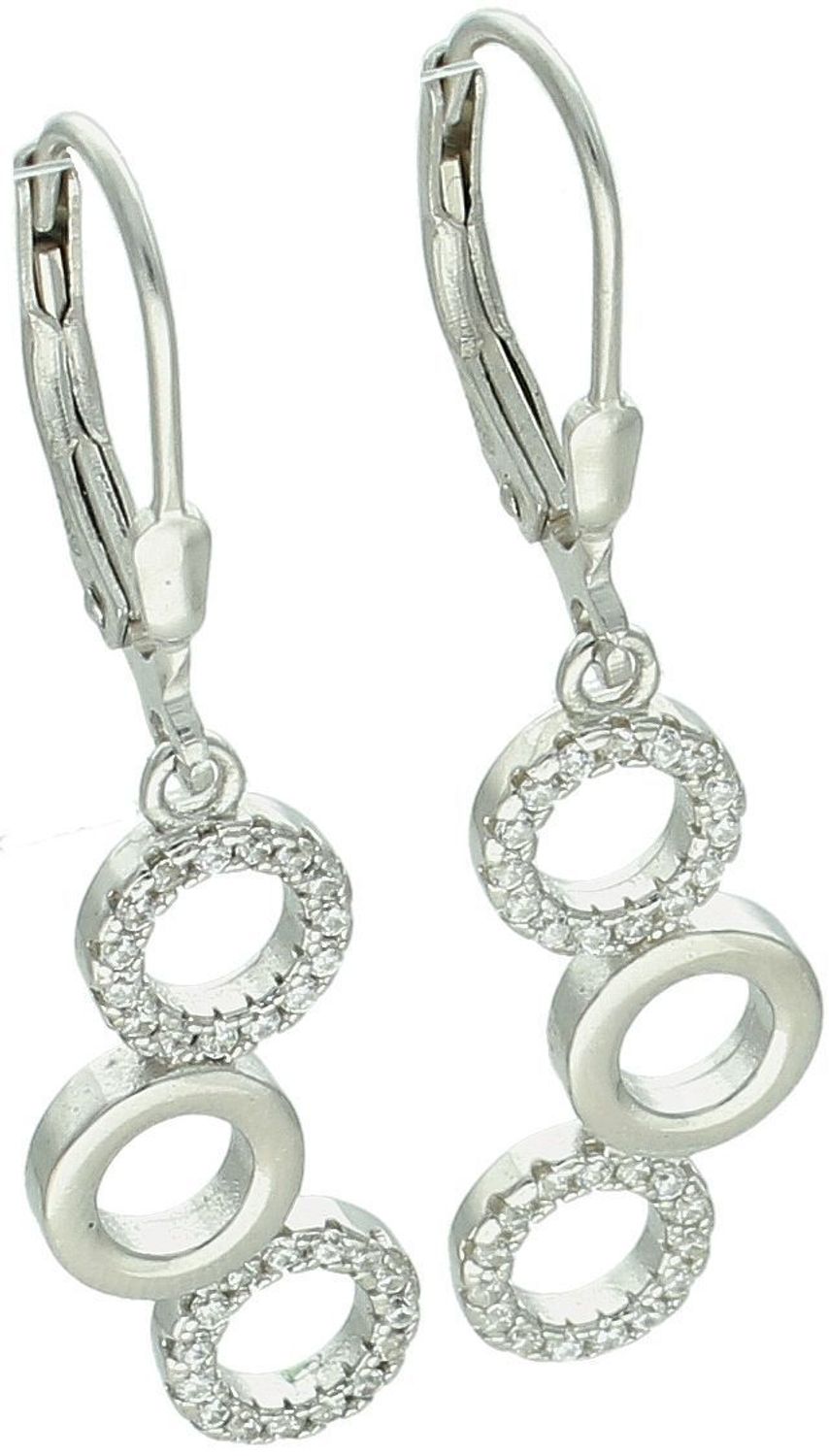 Elegancki srebrny komplet DIA-KPL-11828-925 z potrójnymi kółeczkami i błyszczącymi cyrkoniami. Kolczyki z wygodnym zapięciem na bigiel. Waga 4,60 g, długość kolczyków 3,8 cm, zawieszka 2,2 cm.3.jpg