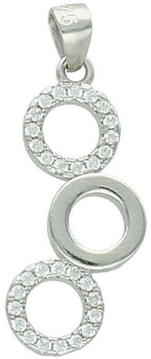 Elegancki srebrny komplet DIA-KPL-11828-925 z potrójnymi kółeczkami i błyszczącymi cyrkoniami. Kolczyki z wygodnym zapięciem na bigiel. Waga 4,60 g, długość kolczyków 3,8 cm, zawieszka 2,2 cm.3.jpg