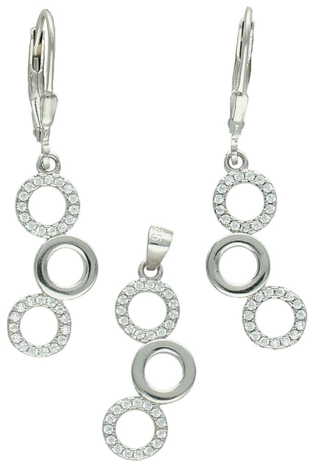 Elegancki srebrny komplet DIA-KPL-11828-925 z potrójnymi kółeczkami i błyszczącymi cyrkoniami. Kolczyki z wygodnym zapięciem na bigiel. Waga 4,60 g, długość kolczyków 3,8 cm, zawieszka 2,2 cm.3.jpg