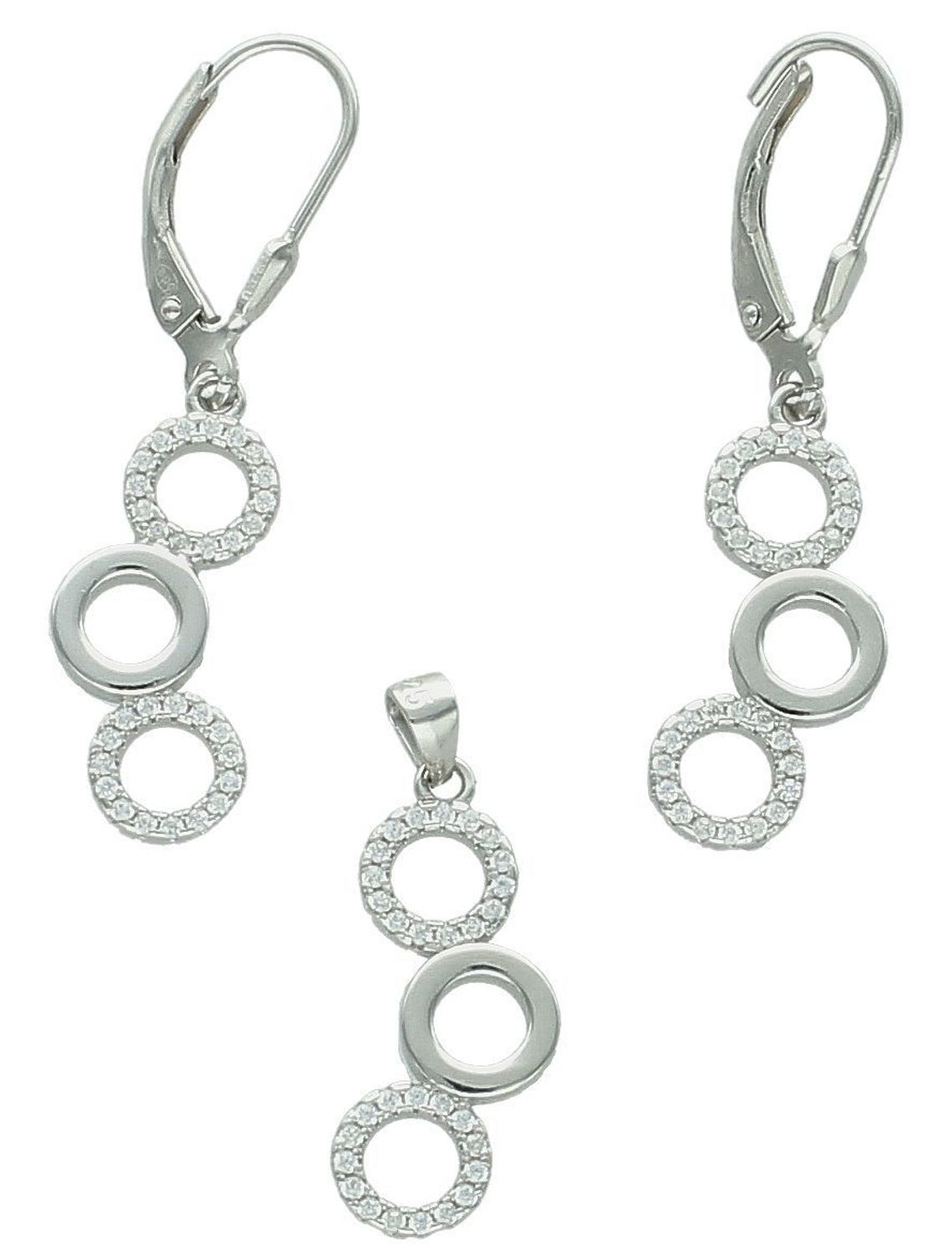 Elegancki srebrny komplet DIA-KPL-11828-925 z potrójnymi kółeczkami i błyszczącymi cyrkoniami. Kolczyki z wygodnym zapięciem na bigiel. Waga 4,60 g, długość kolczyków 3,8 cm, zawieszka 2,2 cm.3.jpg