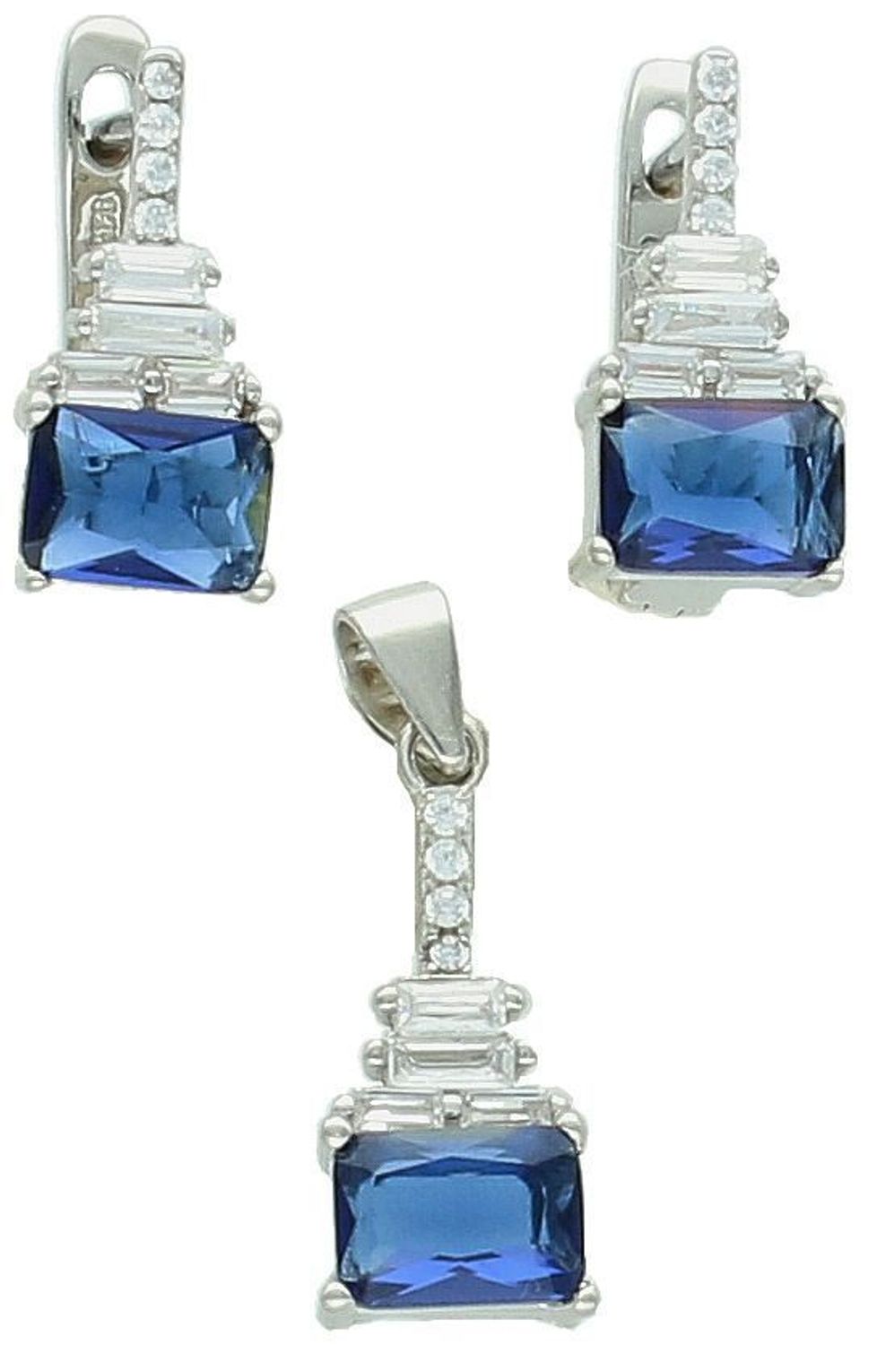 Komplet srebrny 925 DIA-KPL-13407-925 – zawieszka i kolczyki z białymi i granatowymi cyrkoniami. Zawieszka 2,2 cm × 7 mm, kolczyki 1,5 cm × 7 mm, zapięcie angielskie. 1.jpg