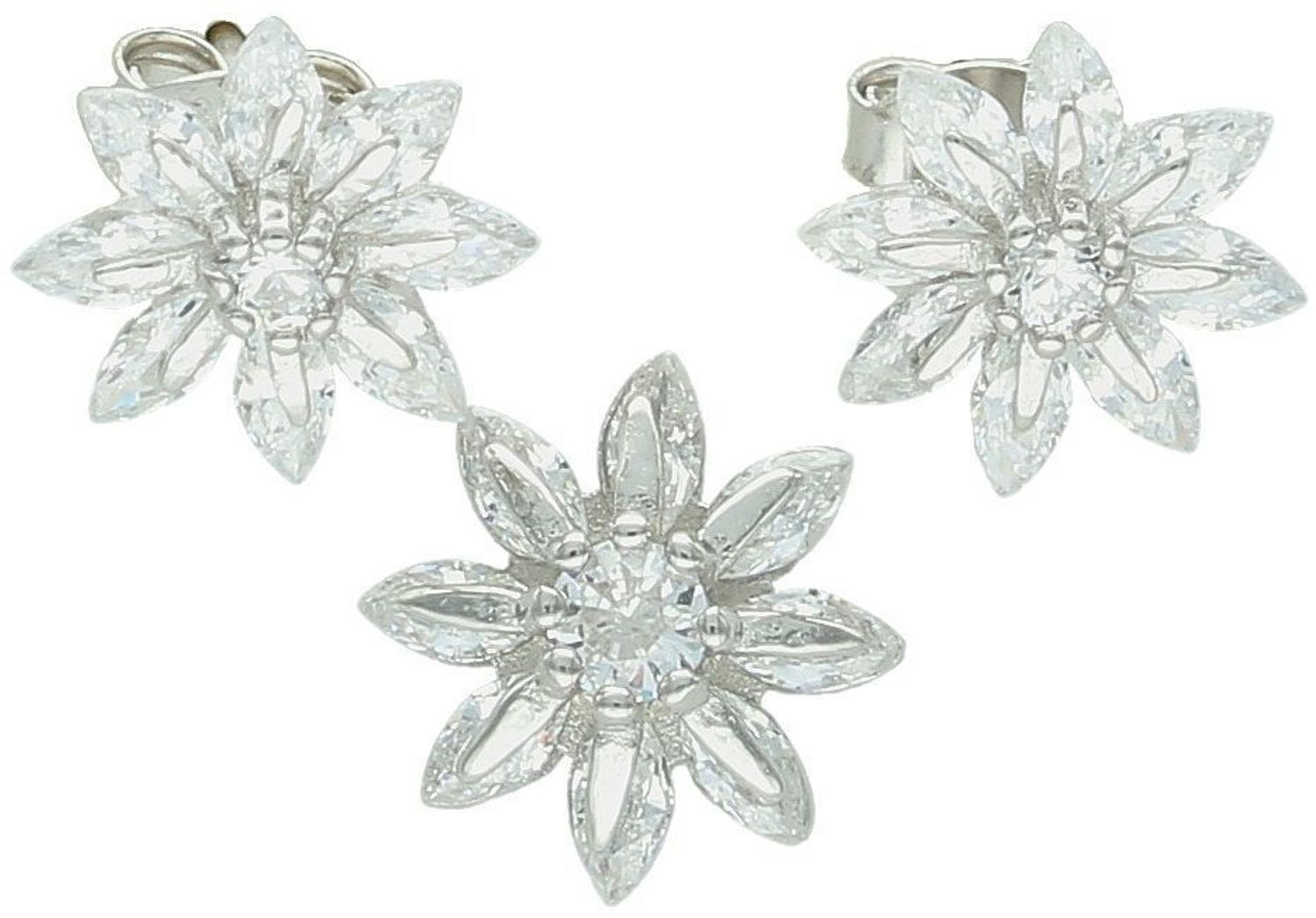 Uroczy komplet srebrny DIA-KPL-13451-925 w kształcie kwiatków, zdobiony cyrkoniami. Próba 925, waga 2,60 g, wielkość 1,0 cm, zapięcie na sztyft. Kobiecy, delikatny, idealny na prezent.3.jpg