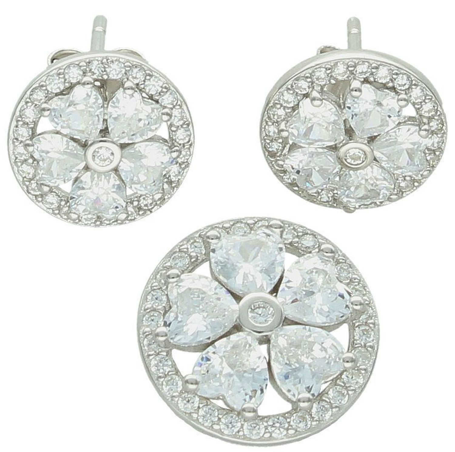 Komplet srebrny DIA-KPL-13452-925 z motywem kwiatka i cyrkoniami. Próba 925, kolczyki (1,0 cm) z zapięciem na sztyft i zawieszka (1,3 cm). Łączna waga 3,40 g. Elegancja i kobiecość w jednym.1.jpg