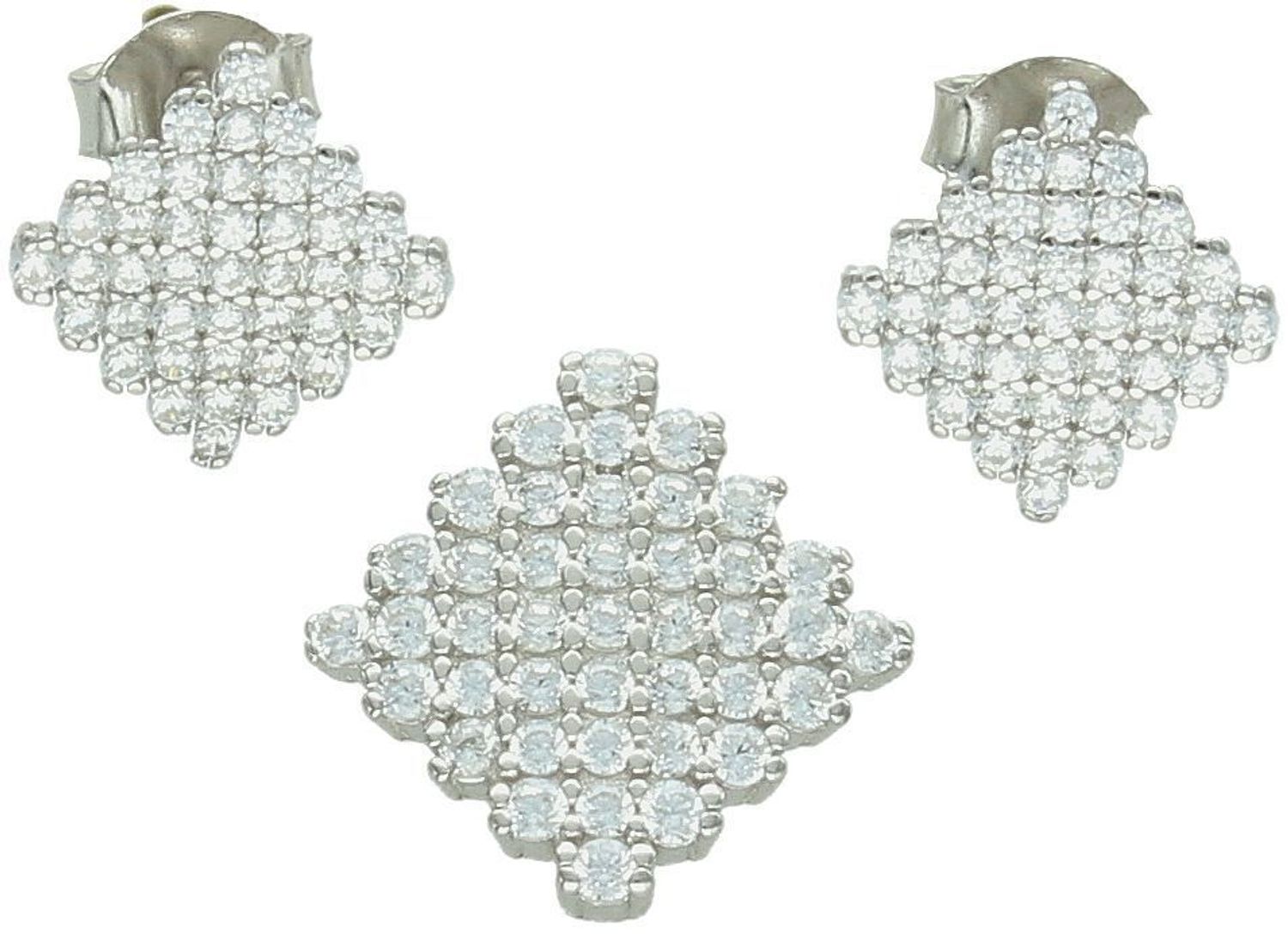 Komplet srebrny 925 DIA-KPL-13455-925 – geometryczne kolczyki i zawieszka z cyrkoniami. Elegancki zestaw z klasą. Kolczyki 1 cm, zawieszka 1,3 cm.3.jpg