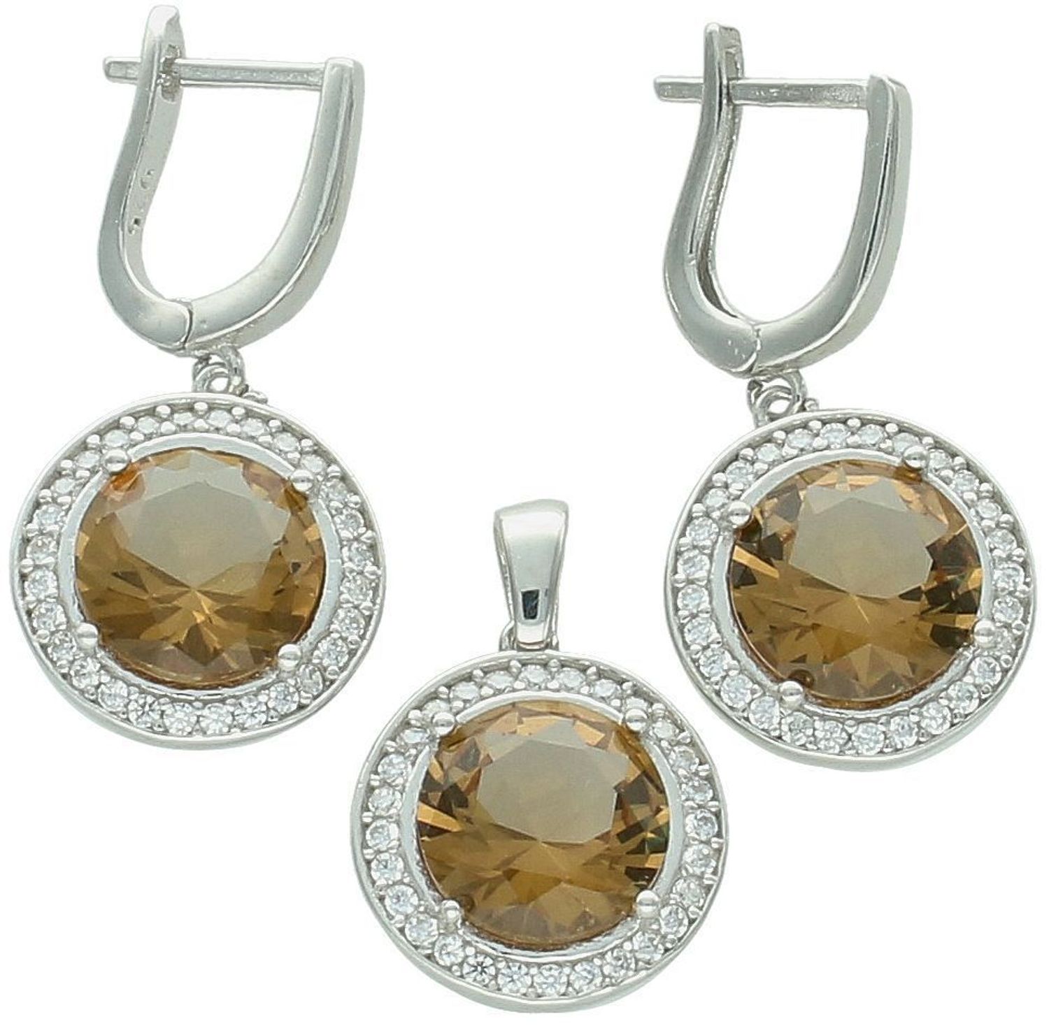 Komplet srebrny DIA-KPL-13458-925 z dużą żółto-pomarańczową cyrkonią otoczoną białymi kamieniami. Wiszące kolczyki 2,7 × 1,5 cm, zawieszka 2,0 × 1,4 cm, srebro 925, 9,50 g. Elegancja i 3.jpg