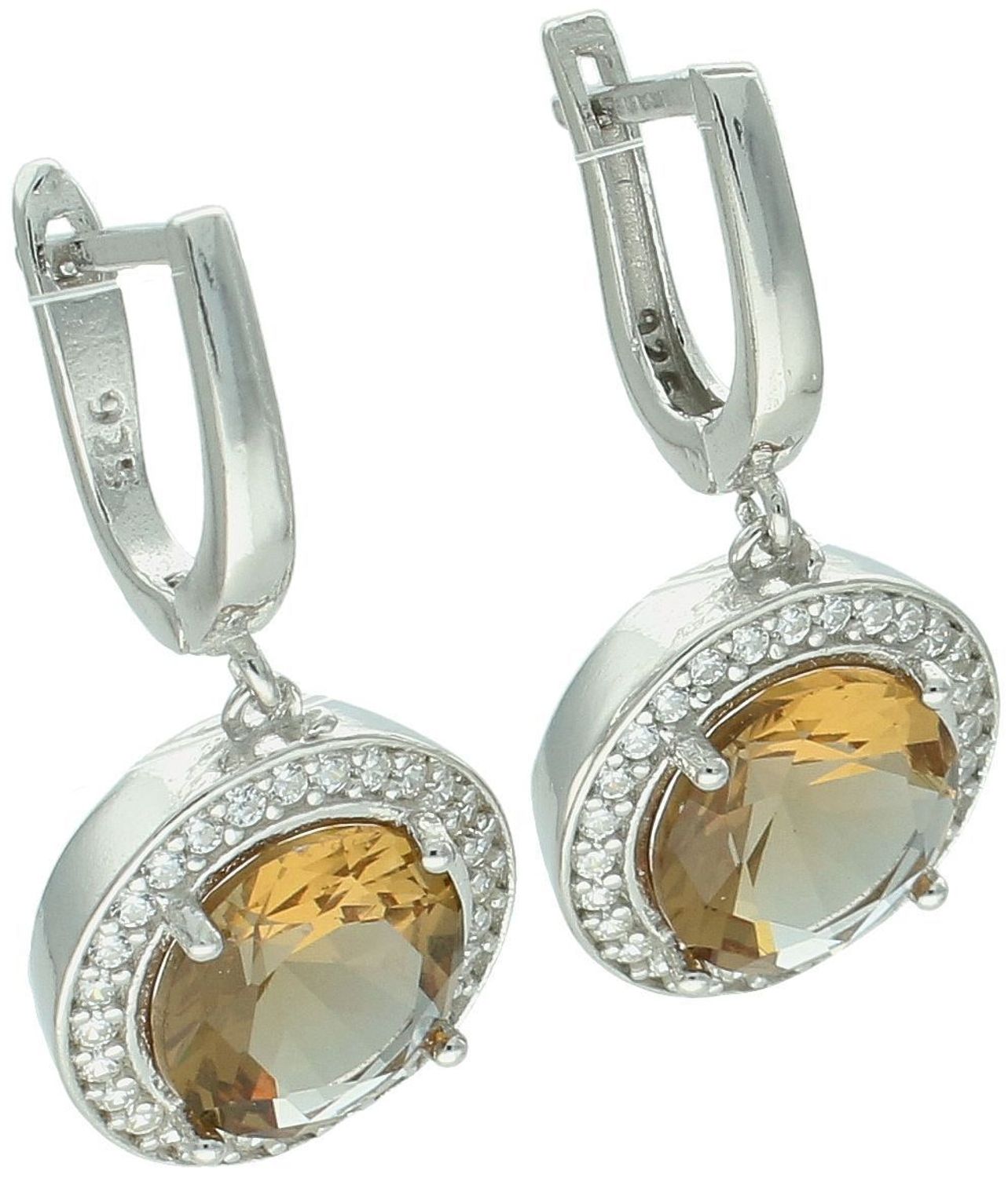 Komplet srebrny DIA-KPL-13458-925 z dużą żółto-pomarańczową cyrkonią otoczoną białymi kamieniami. Wiszące kolczyki 2,7 × 1,5 cm, zawieszka 2,0 × 1,4 cm, srebro 925, 9,50 g. Elegancja i 3.jpg