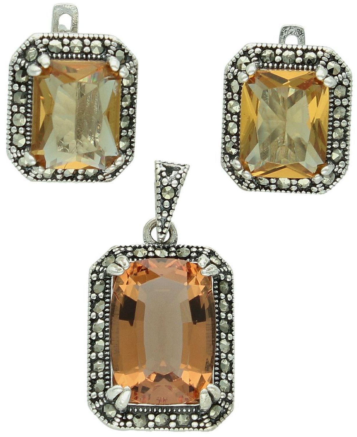 Komplet srebrny DIA-KPL-13459-925 z prostokątną żółto-pomarańczową cyrkonią i markazytami. Kolczyki z zapięciem angielskim 1,2 × 1,4 cm, zawieszka 2,5 × 1,4 cm, srebro 925, 10,10 g. 3.jpg