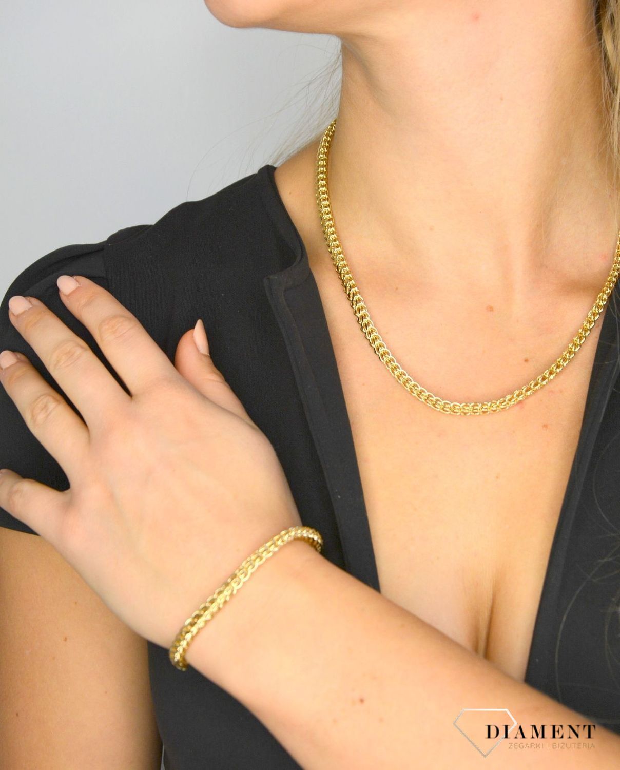 Złoty komplet naszyjnik i bransoleta 585 'Więź miłości' o szerokości 0,5 cm DIA-KPL-1410-585.jpg