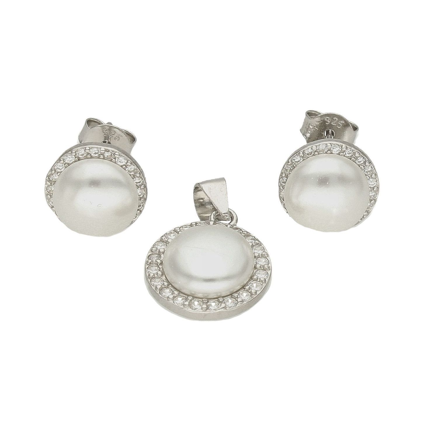 Komplet srebrny damski perełka w cyrkoniach DIA-KPL-37058-925. Komplet srebrny z perełką. Komplet biżuterii srebrnej dla kobiety. Idealny komplet dla kobiety na prezent. Zawieszka i kolczyki z perełką..jpg