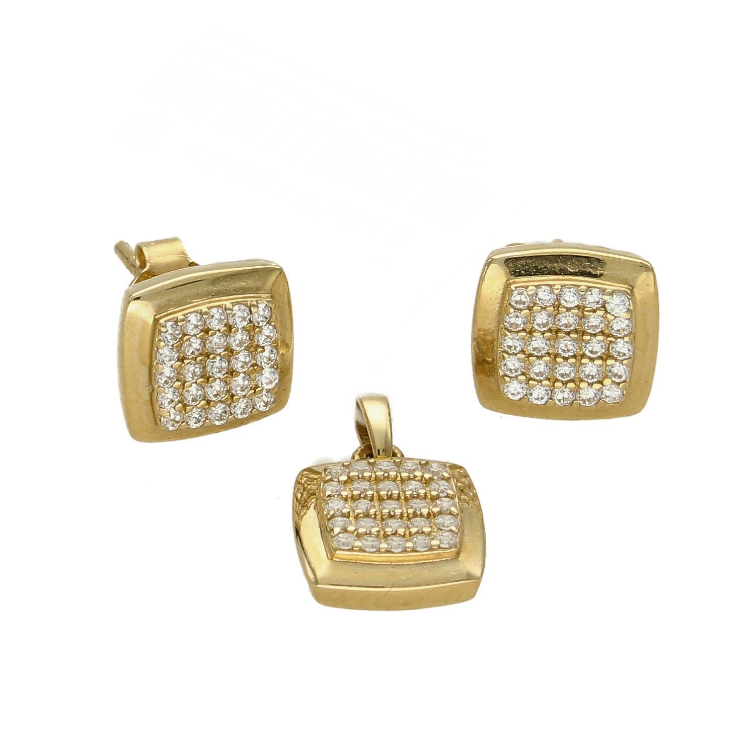 Komplet złotej biżuterii kolczyki i zawieszka kwadraty z cyrkonią DIA-KPL-5298-585.jpg