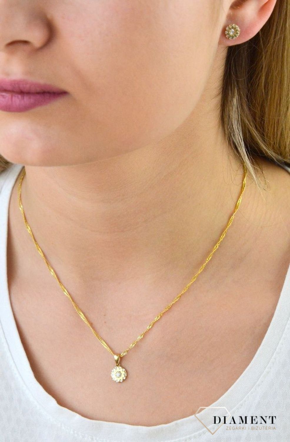 Komplet złotej biżuterii kolczyki i zawieszka kwiatek z cyrkonią DIA-KPL-5300-585.jpg