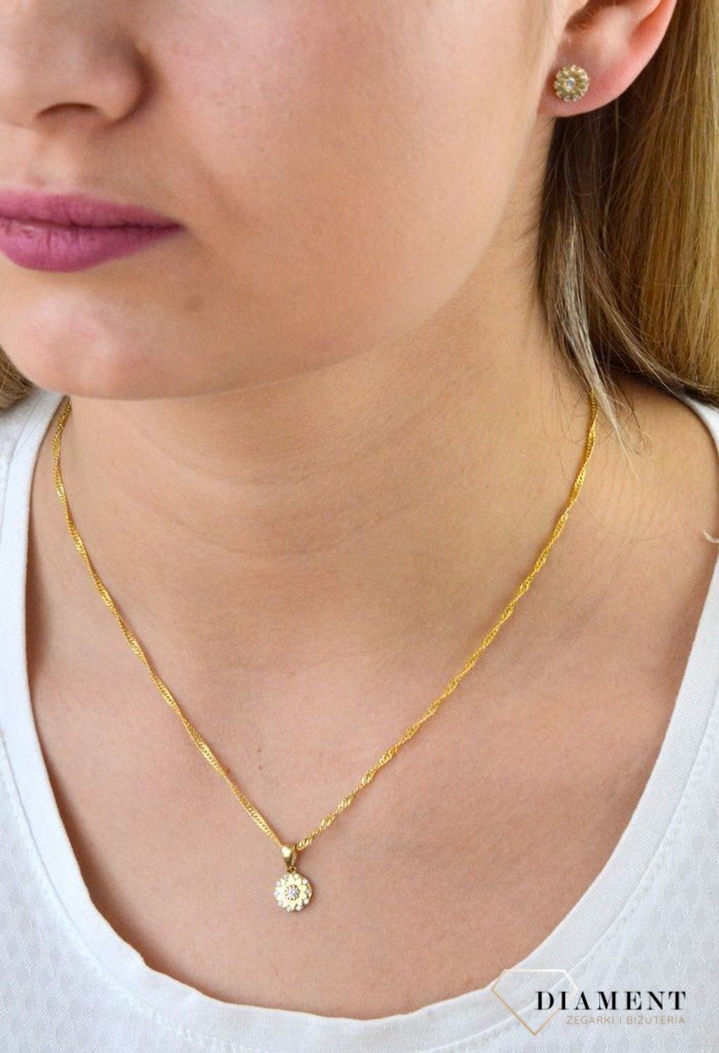 Komplet złotej biżuterii kolczyki i zawieszka kwiatek z cyrkonią DIA-KPL-5300-585.jpg