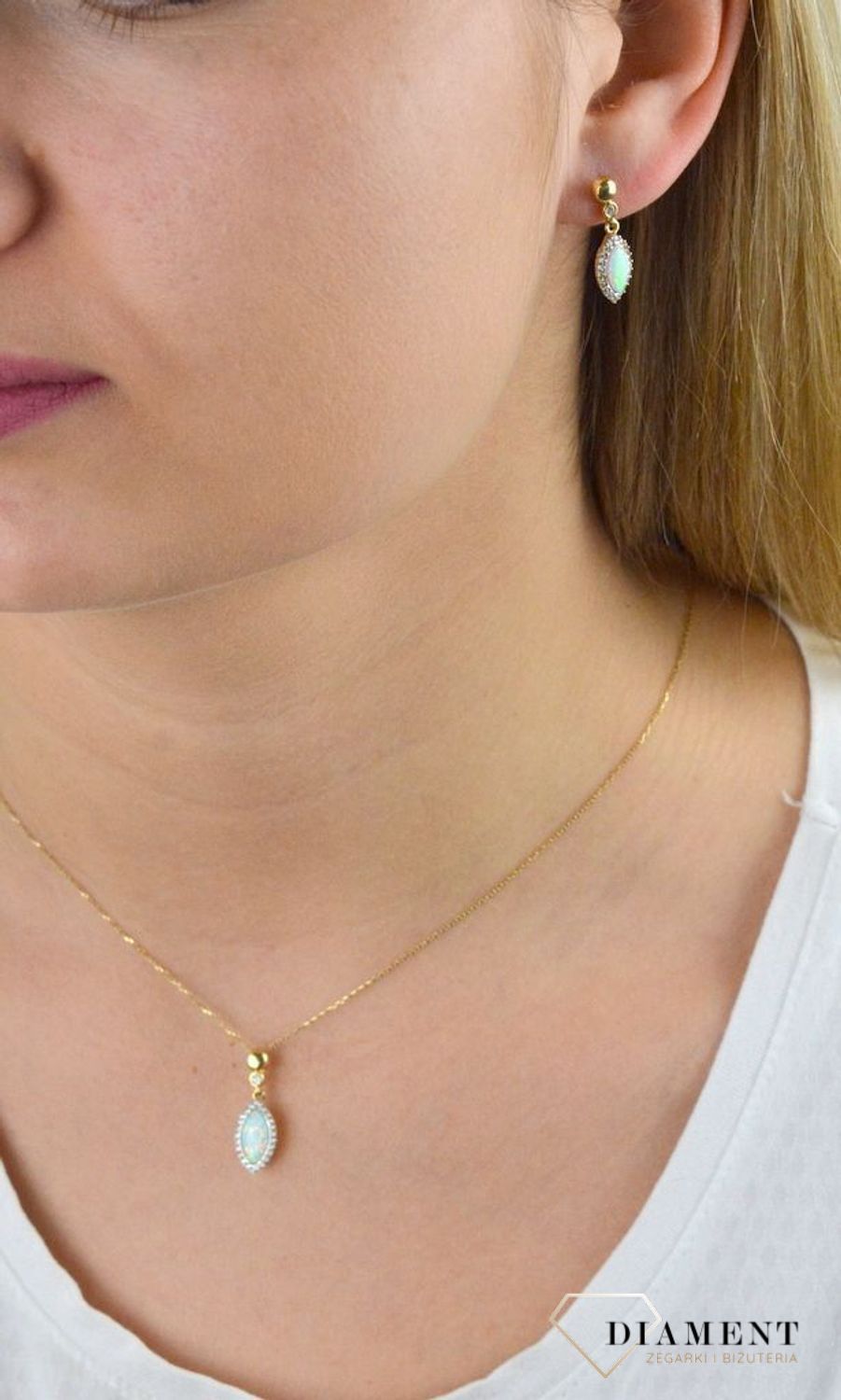 Komplet złotej biżuterii naszyjnik i wiszące kolczyki z opalem DIA-KPL-5302-585.jpg