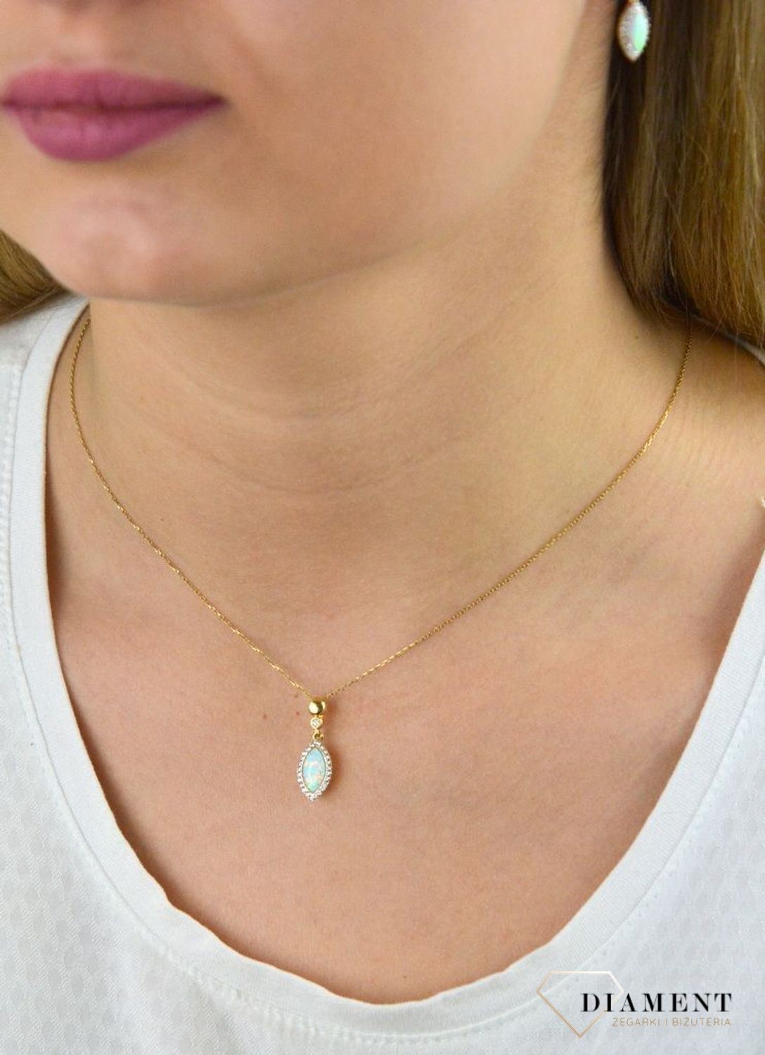 Komplet złotej biżuterii naszyjnik i wiszące kolczyki z opalem DIA-KPL-5302-585.jpg