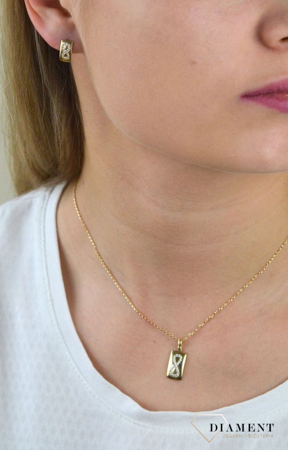 Komplet złotej biżuterii blaszki ze znakiem nieskończoności DIA-KPL-5304-585.jpg