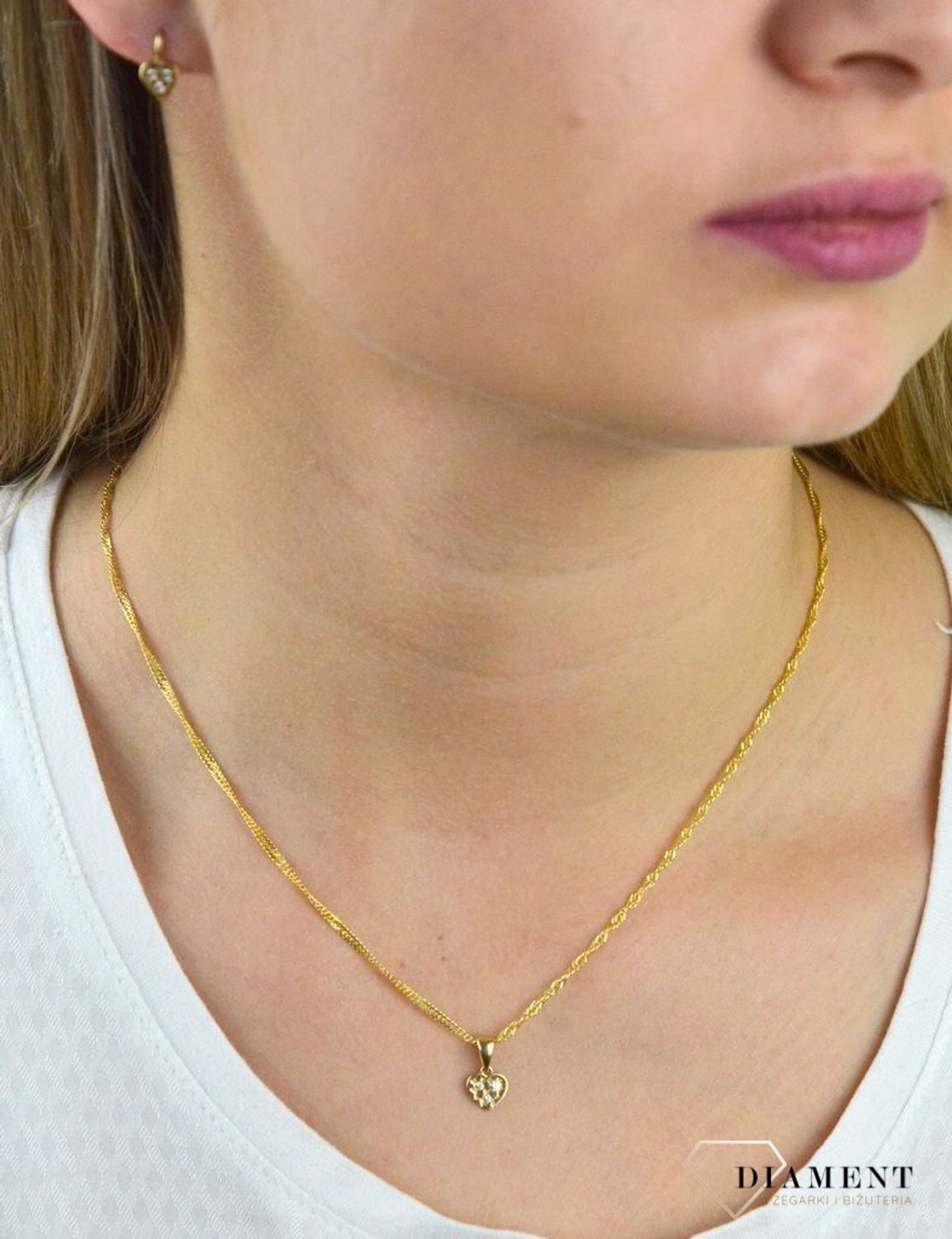 Komplet złotej biżuterii dla dziewczynki kolczyki i zawieszka 'Malutkie serduszka'.jpg