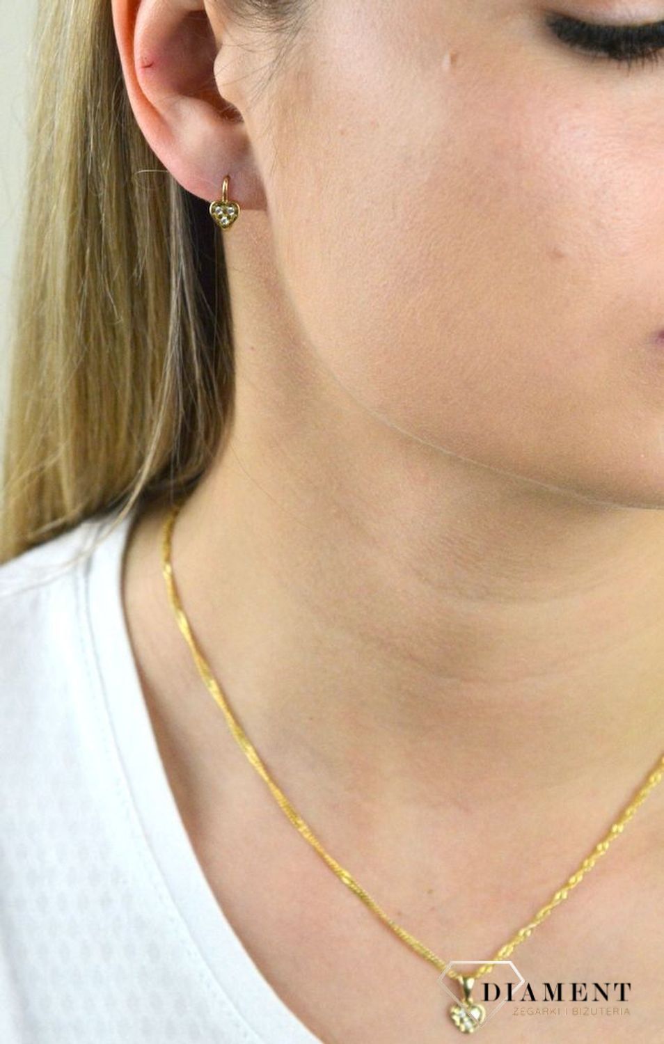 Komplet złotej biżuterii dla dziewczynki kolczyki i zawieszka 'Malutkie serduszka'.jpg