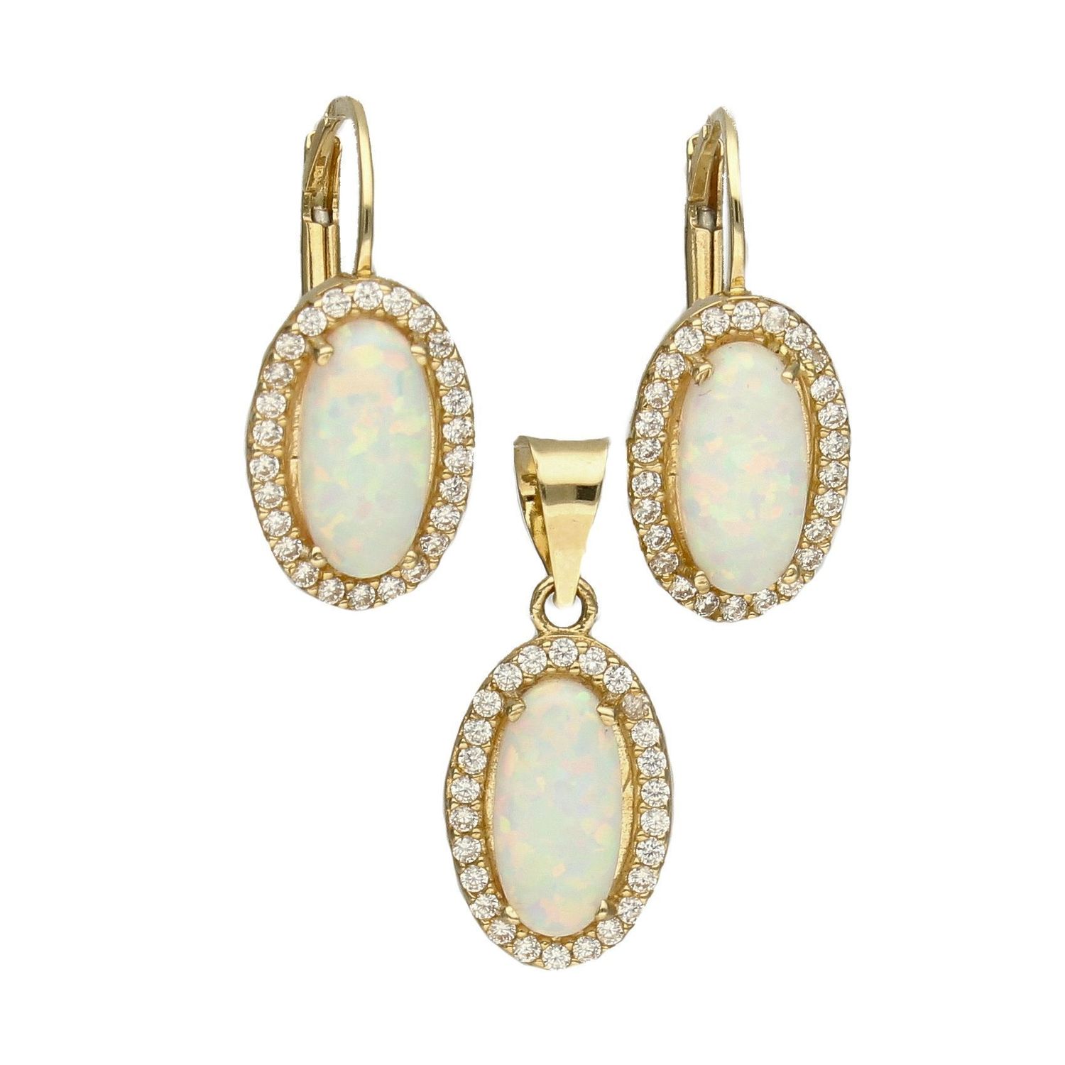 Komplet złotej biżuterii 585 kolczyki i zawieszka z opalem i cyrkonią DIA-KPL-5309-585. Piękny komplet złotej biżuterii to idealna propozycja na prezent dla ukochanej kobiety..jpg