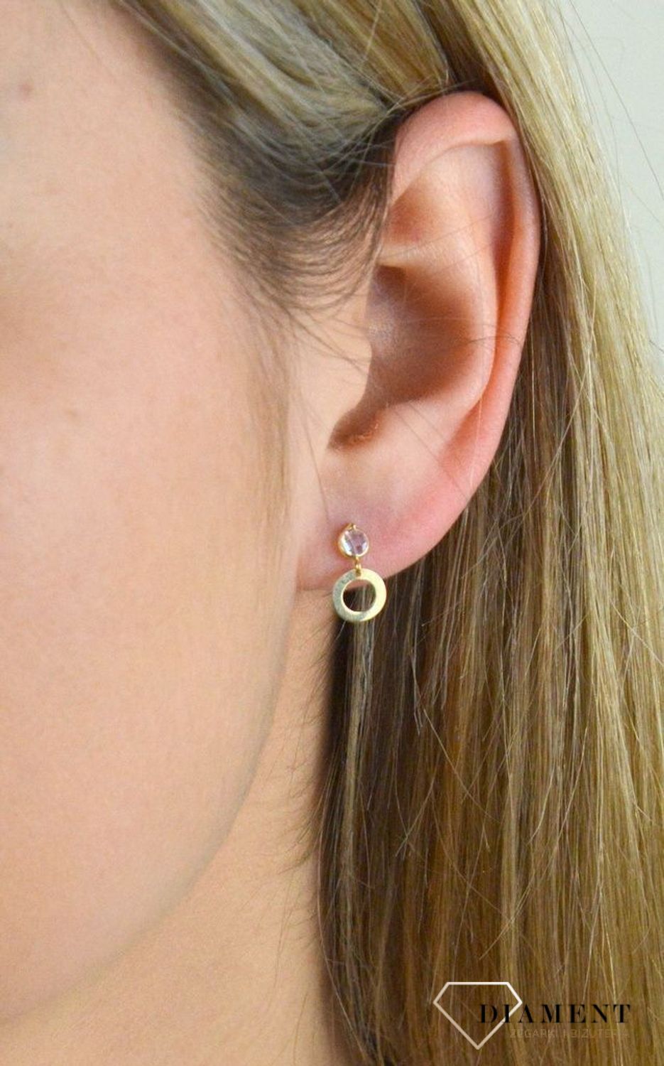 Komplet złotej biżuterii kolczyki i zawieszka w kształcie kółeczko z kryształkiem DIA-KPL-5312-585.jpg