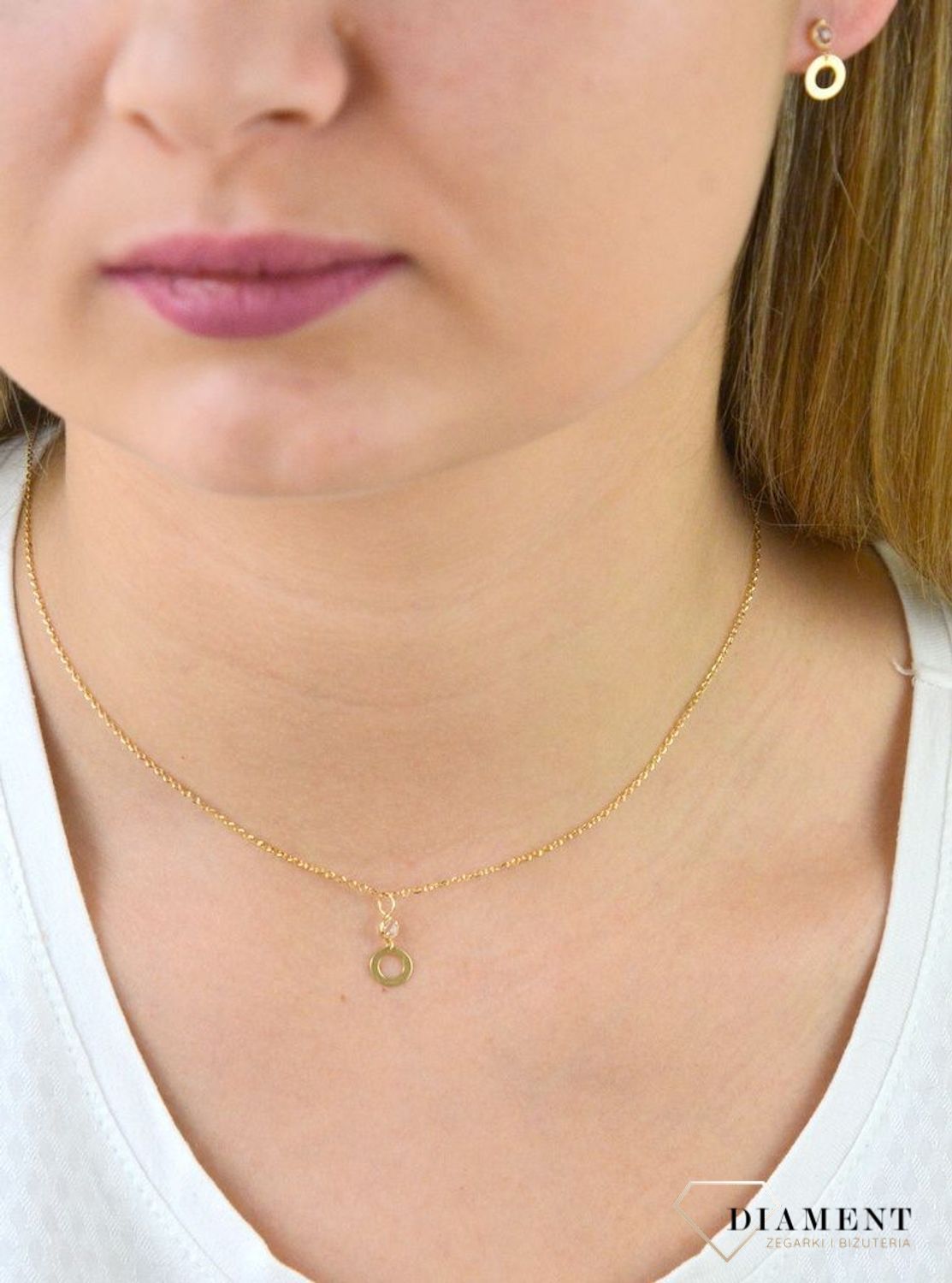 Komplet złotej biżuterii kolczyki i zawieszka w kształcie kółeczko z kryształkiem DIA-KPL-5312-585.jpg