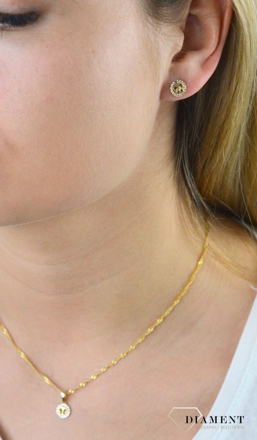 Komplet złotej biżuterii dla dziewczynki kolczyki i zawieszka Motylki DIA-KPL-5313-585.jpg