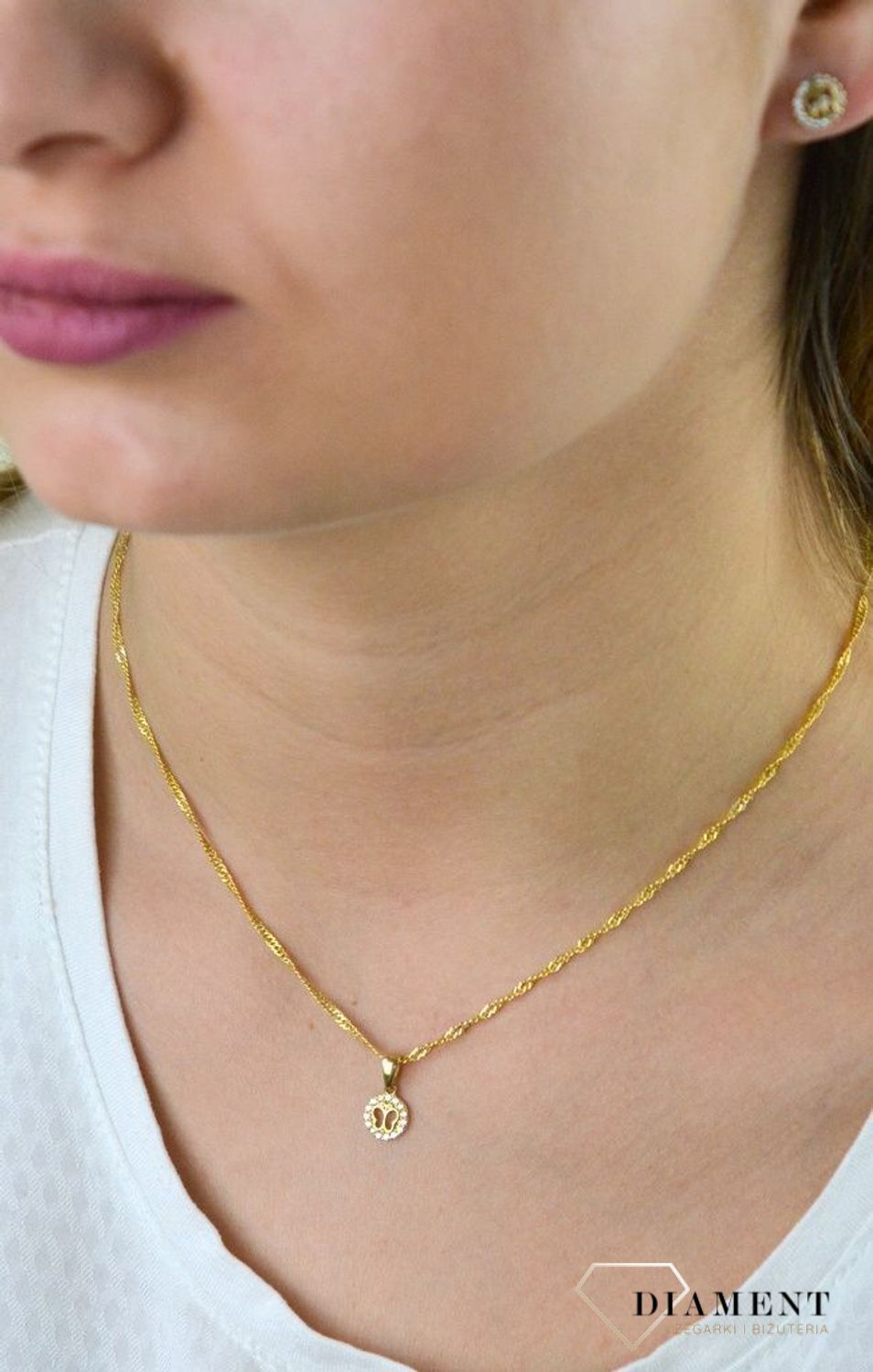 Komplet złotej biżuterii dla dziewczynki kolczyki i zawieszka Motylki DIA-KPL-5313-585.jpg