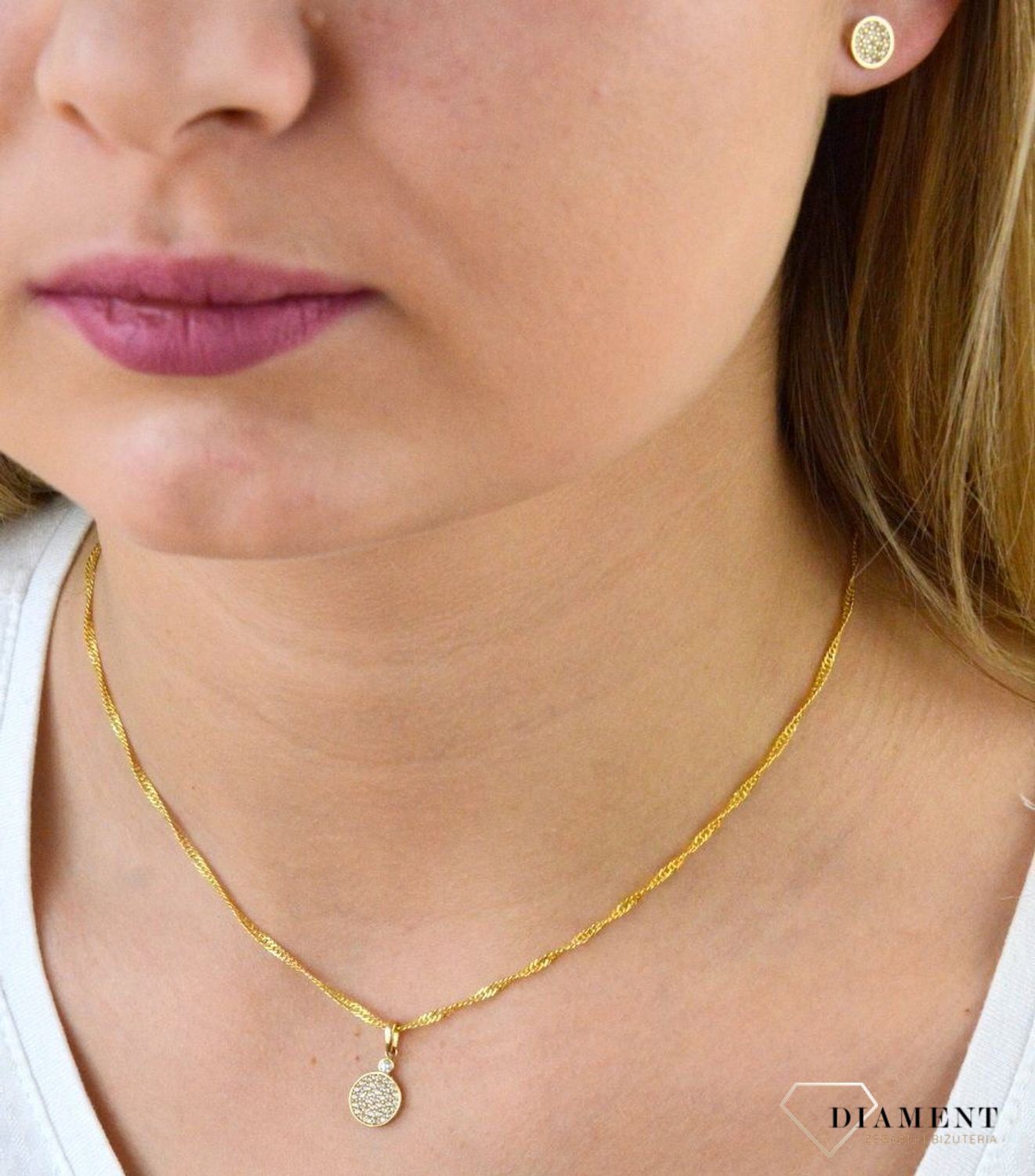 Komplet złotej biżuterii kolczyki i zawieszka 585 blaszki z cyrkonią DIA-KPL-5315-585.jpg