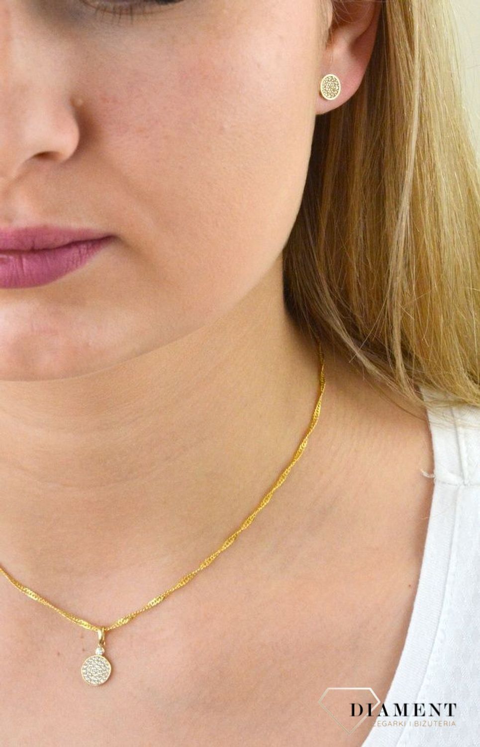 Komplet złotej biżuterii kolczyki i zawieszka 585 blaszki z cyrkonią DIA-KPL-5315-585.jpg