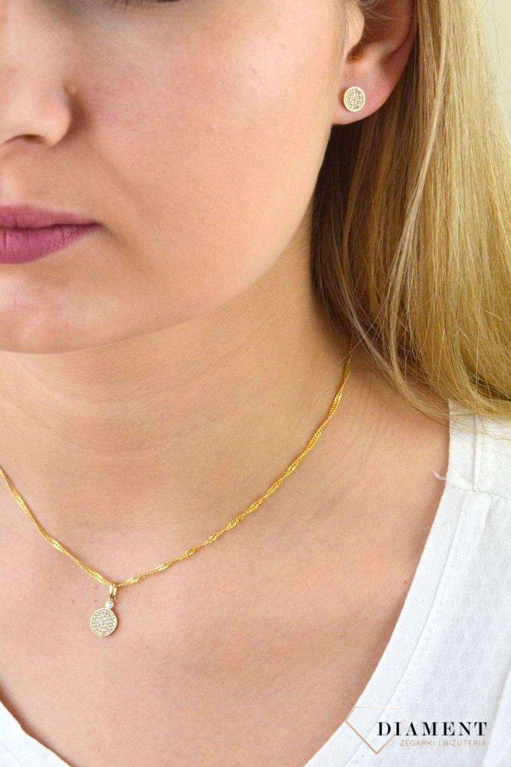 Komplet złotej biżuterii kolczyki i zawieszka 585 blaszki z cyrkonią DIA-KPL-5315-585.jpg
