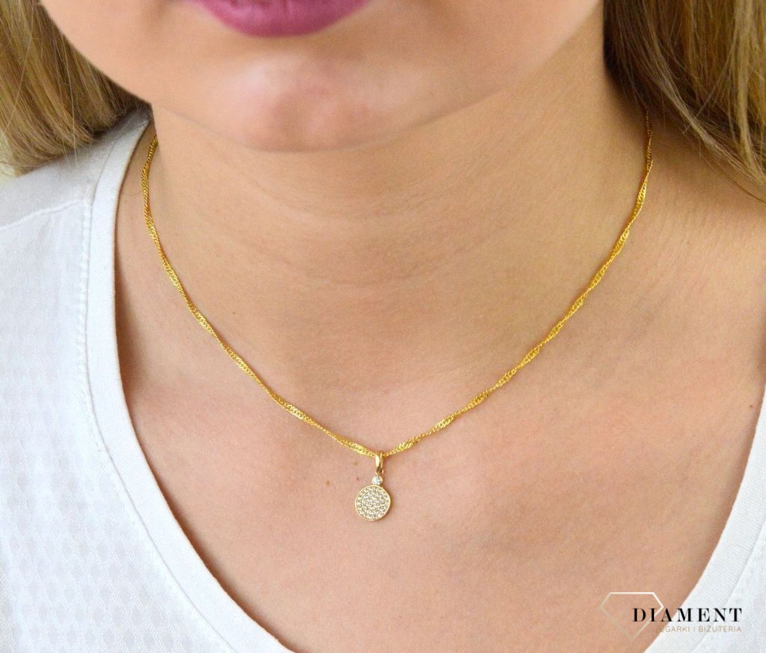 Komplet złotej biżuterii kolczyki i zawieszka 585 blaszki z cyrkonią DIA-KPL-5315-585.jpg