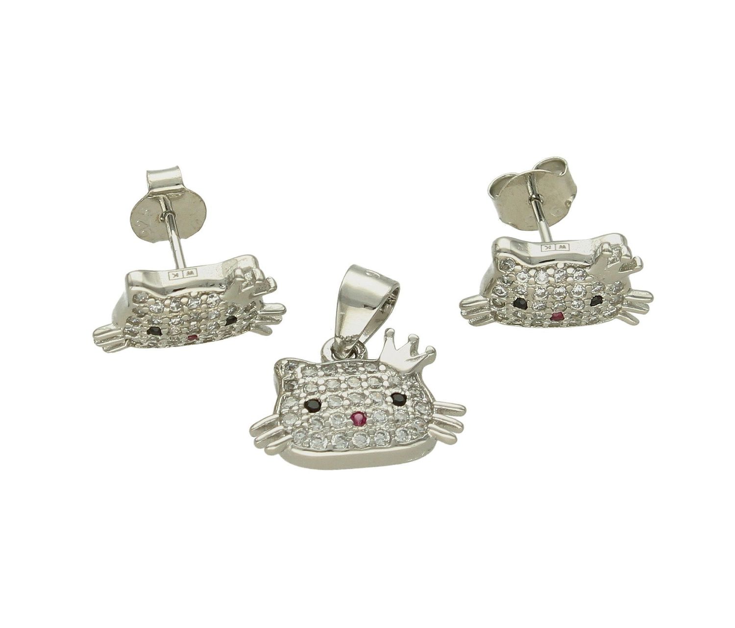 Srebrny komplet zawieszka i kolczyki kotki w cyrkoniach DIA-KPL-53408-925. Komplet srebrnej biżuterii. Srebrna biżuteria na prezent. Biżuteria dla dziewczynki. Kolczyki kotki. Zawieszka kotek (2).jpg