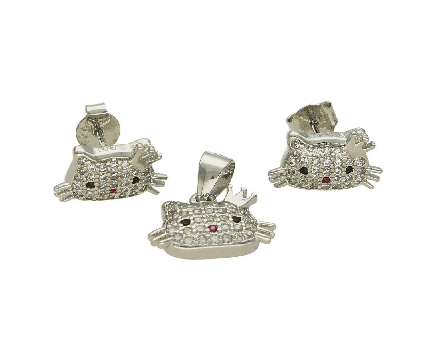 Srebrny komplet zawieszka i kolczyki kotki w cyrkoniach DIA-KPL-53408-925. Komplet srebrnej biżuterii. Srebrna biżuteria na prezent. Biżuteria dla dziewczynki. Kolczyki kotki. Zawieszka kotek (2).jpg