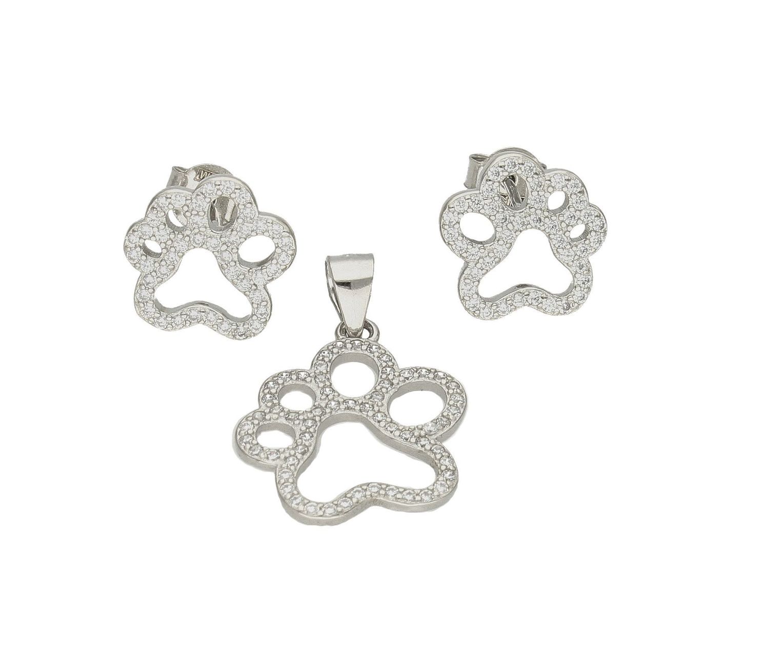 Srebrny komplet zawieszka i kolczyki łapka psa w cyrkoniach DIA-KPL-53561-925. Piękny komplet srebrnej biżuterii to idealna propozycja na prezent dla miłośnika psów. W skład kompletu wchodzą delikatne kolczyki na sztyft i wisi.jpg