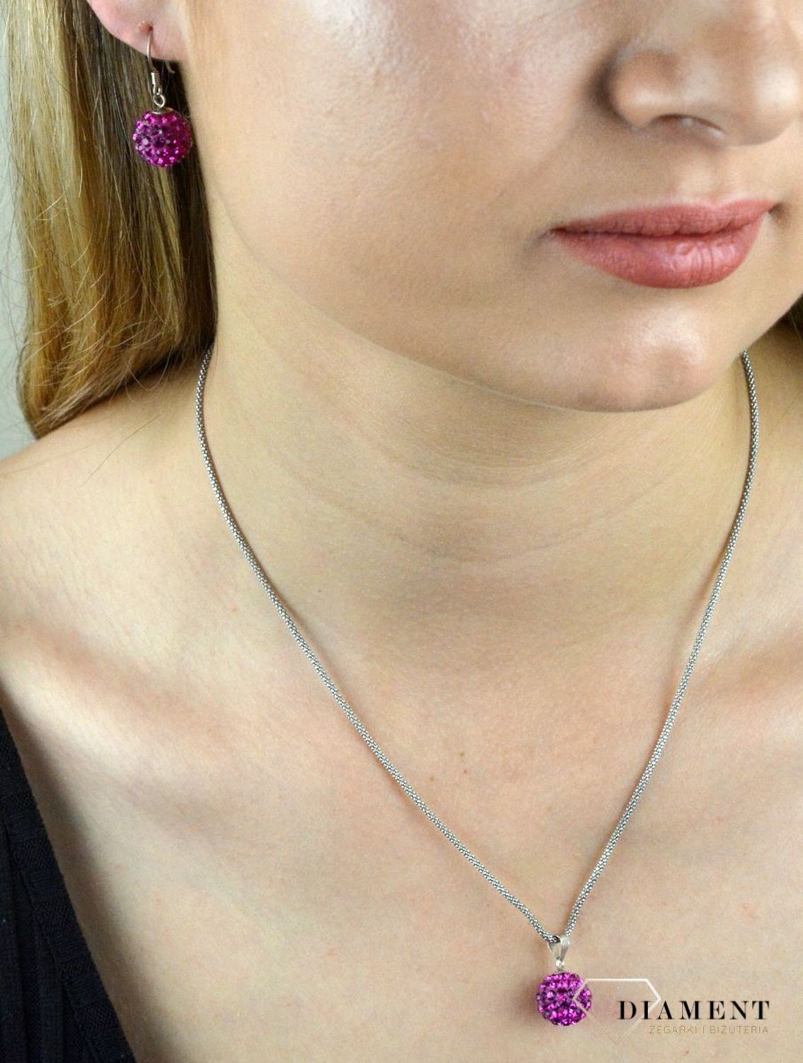 Komplet srebrny różowe kulki Swarovski DIA-KPL-6355-925. Srebrny komplet biżuterii. Srebrny komplet z kryształkami Swarovskiego. Różowe kryształki. Komple.jpg