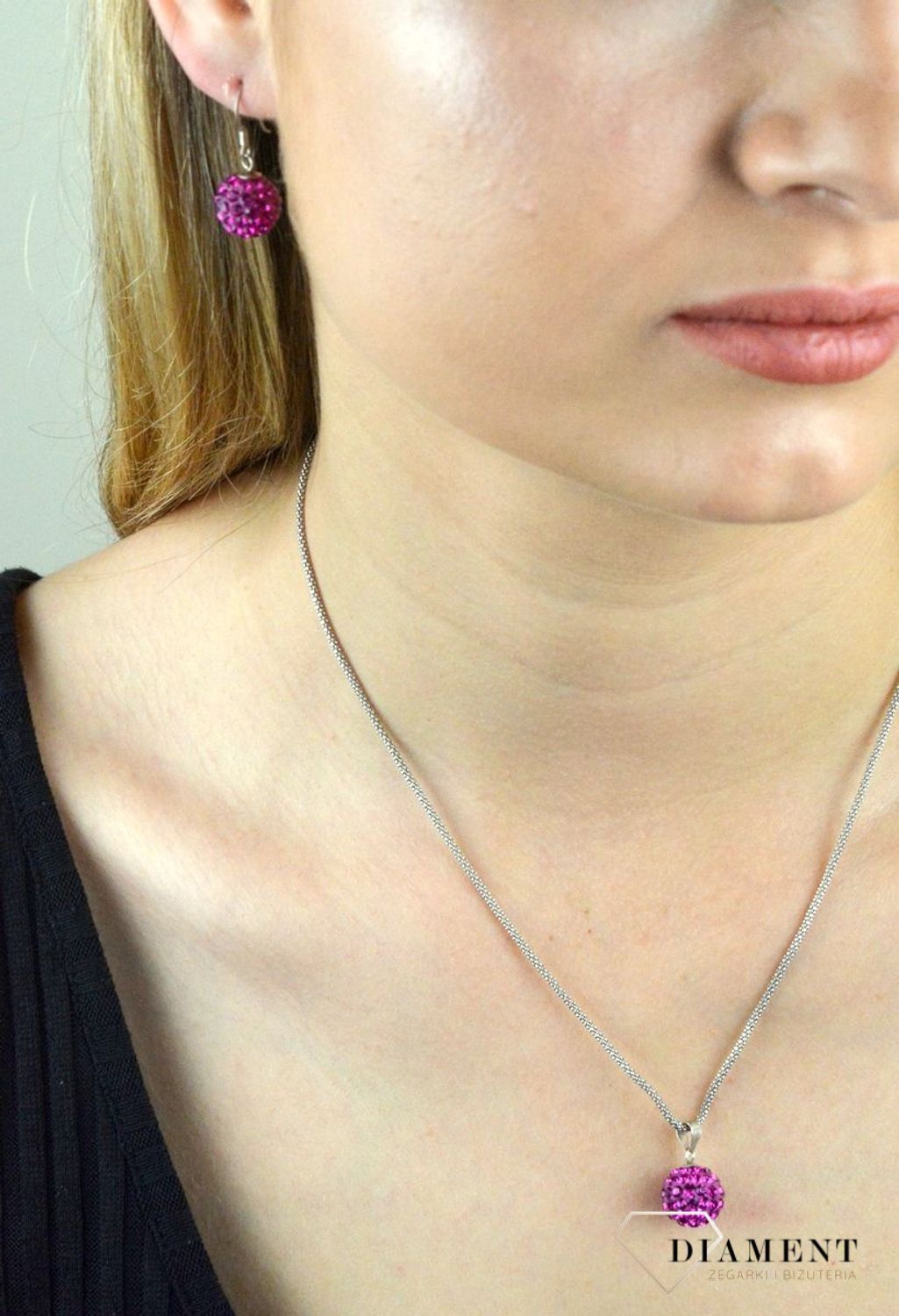 Komplet srebrny różowe kulki Swarovski DIA-KPL-6355-925. Srebrny komplet biżuterii. Srebrny komplet z kryształkami Swarovskiego. Różowe kryształki. Komple.jpg