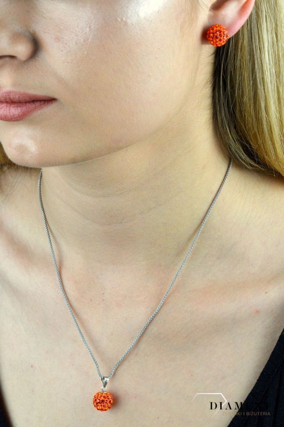 Komplet srebrny kulki pomarańczowe Swarovski  DIA-KPL-6382-925. Komplet kulki. Komplet srebrnej biżuterii. Kulki pomarańczowe z kryształkami. Kryształki Swarovsk.jpg