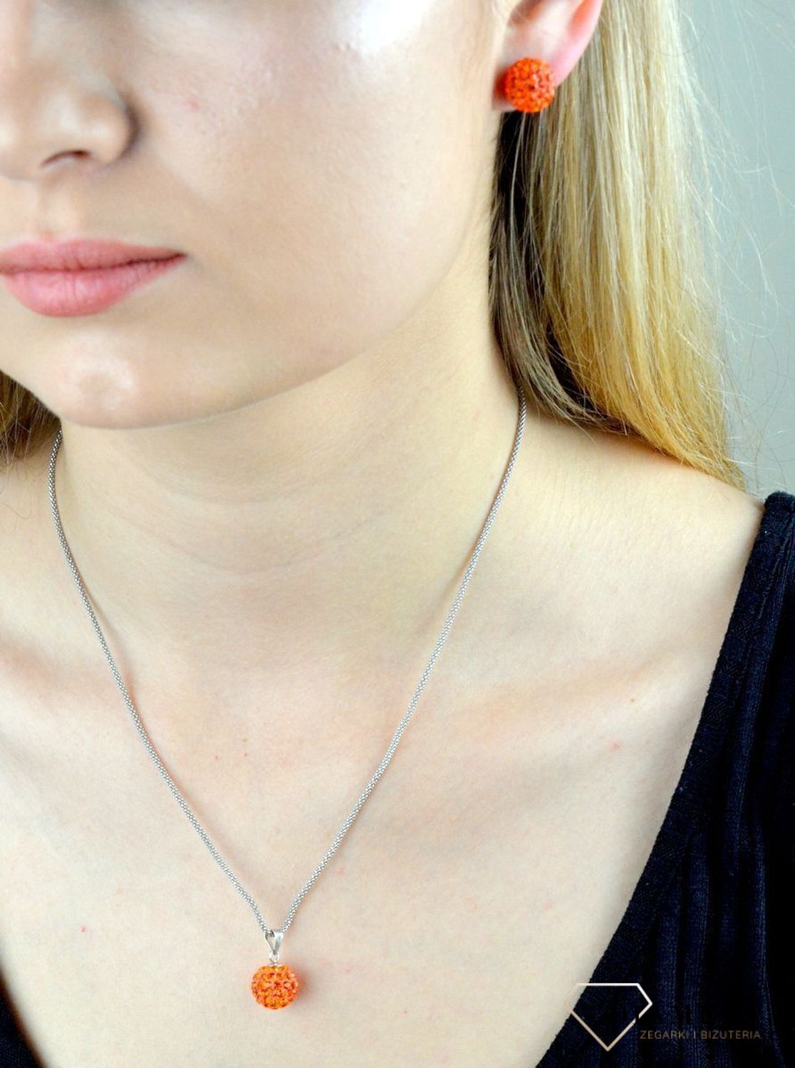 Komplet srebrny kulki pomarańczowe Swarovski  DIA-KPL-6382-925. Komplet kulki. Komplet srebrnej biżuterii. Kulki pomarańczowe z kryształkami. Kryształki Swarovsk.jpg