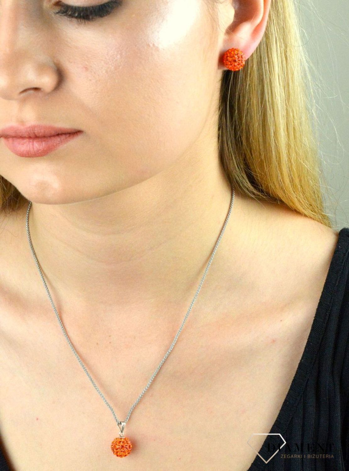 Komplet srebrny kulki pomarańczowe Swarovski  DIA-KPL-6382-925. Komplet kulki. Komplet srebrnej biżuterii. Kulki pomarańczowe z kryształkami. Kryształki Swarovsk.jpg