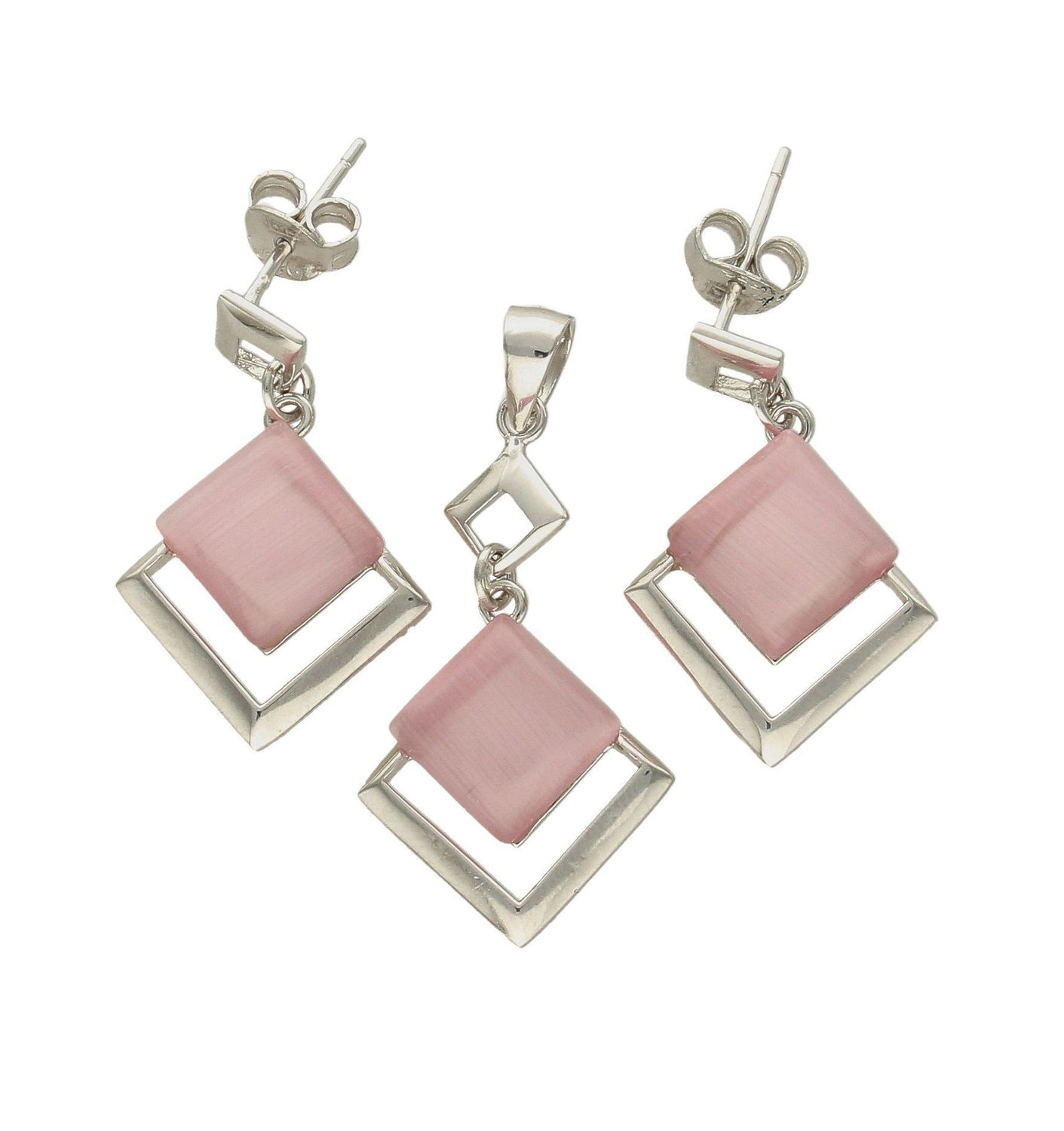 Komplet srebrny damski z różowymi cyrkoniami DIA-KPL-6632-925.  Całkowita waga kompletu wynosi około 3,81 gramy. Do zawieszki można dobrać delikatny łańcuszek dostępny w naszej ofercie. Komplet wykonany na wzór kwadratów..jpg