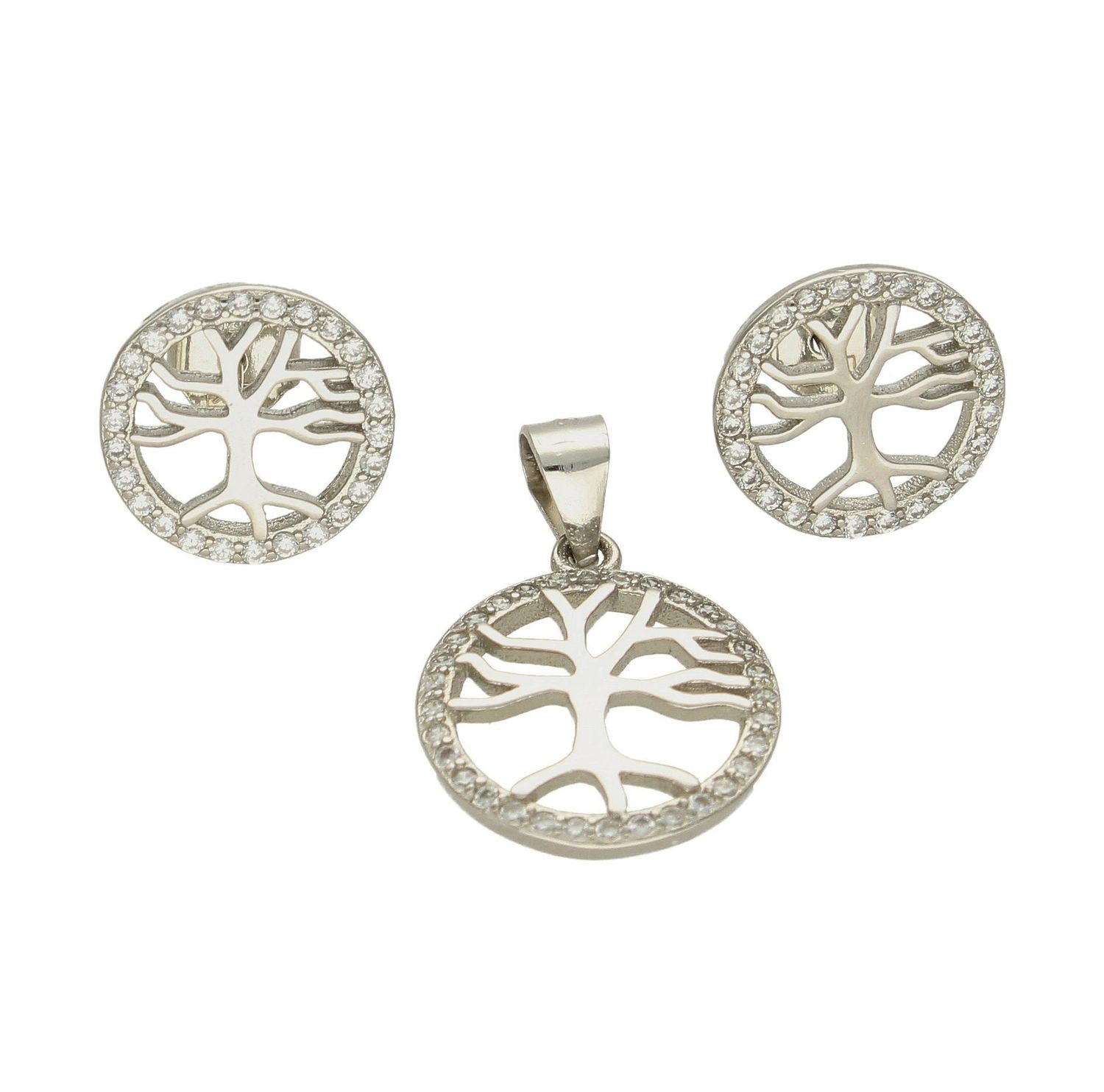 Srebrny komplet zawieszka i kolczyki drzewo w kółeczku DIA-KPL-6636-925.  Piękny komplet srebrnej biżuterii to idealna propozycja na prezent dla ukochanej. W skład kompletu wchodzą delikatne kolczyki na sztyft i wisiorek niewi.jpg