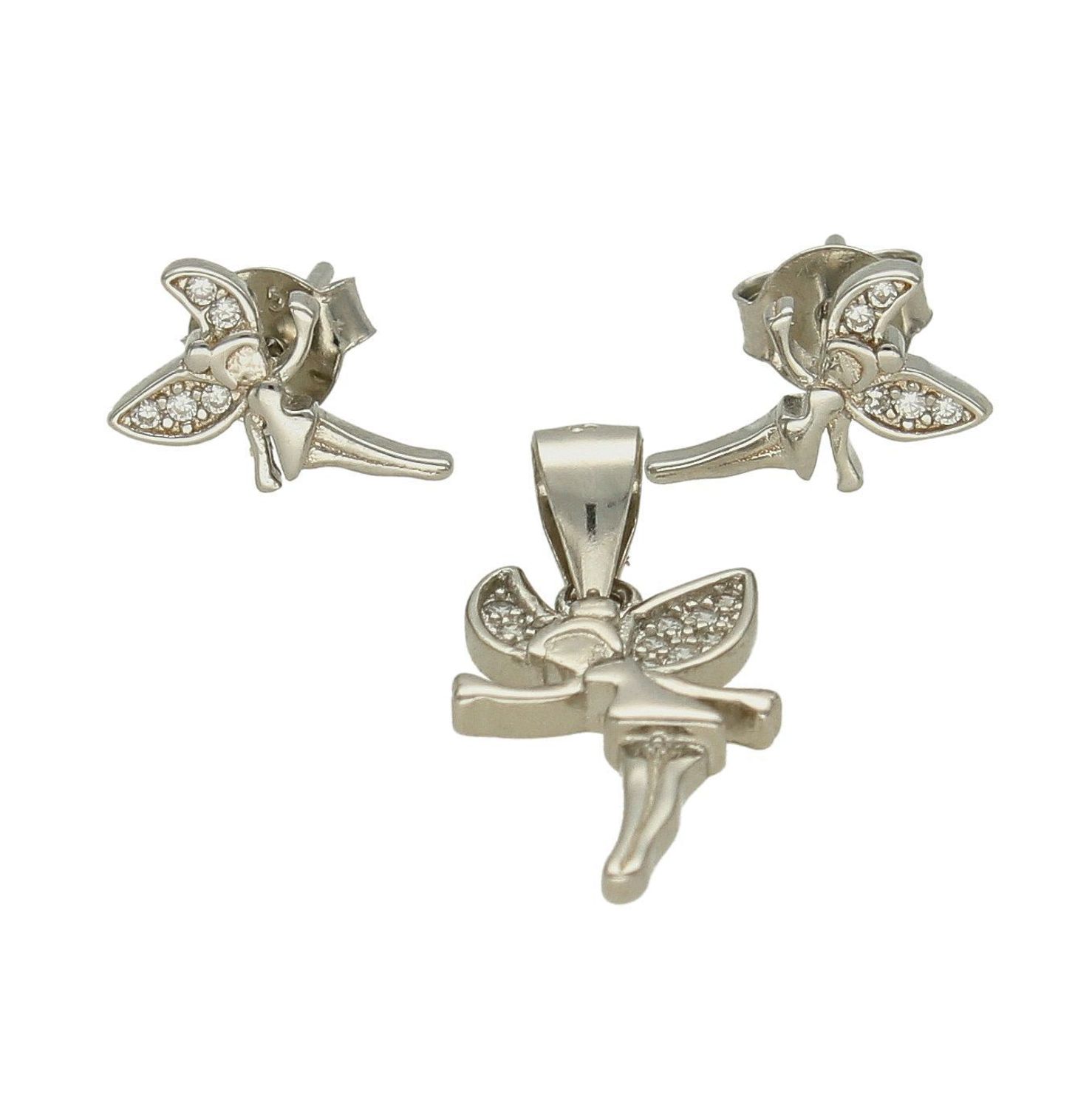 Srebrny komplet zawieszka i kolczyki wróżki DIA-KPL-6639-925. Do zawieszki można dobrać delikatny łańcuszek dostępny w naszej ofercie. Komplet wykonany na wzór wróżki. Wielkość kolczyków wynosi 1,1 cm, zawieszka 1,4cm..jpg