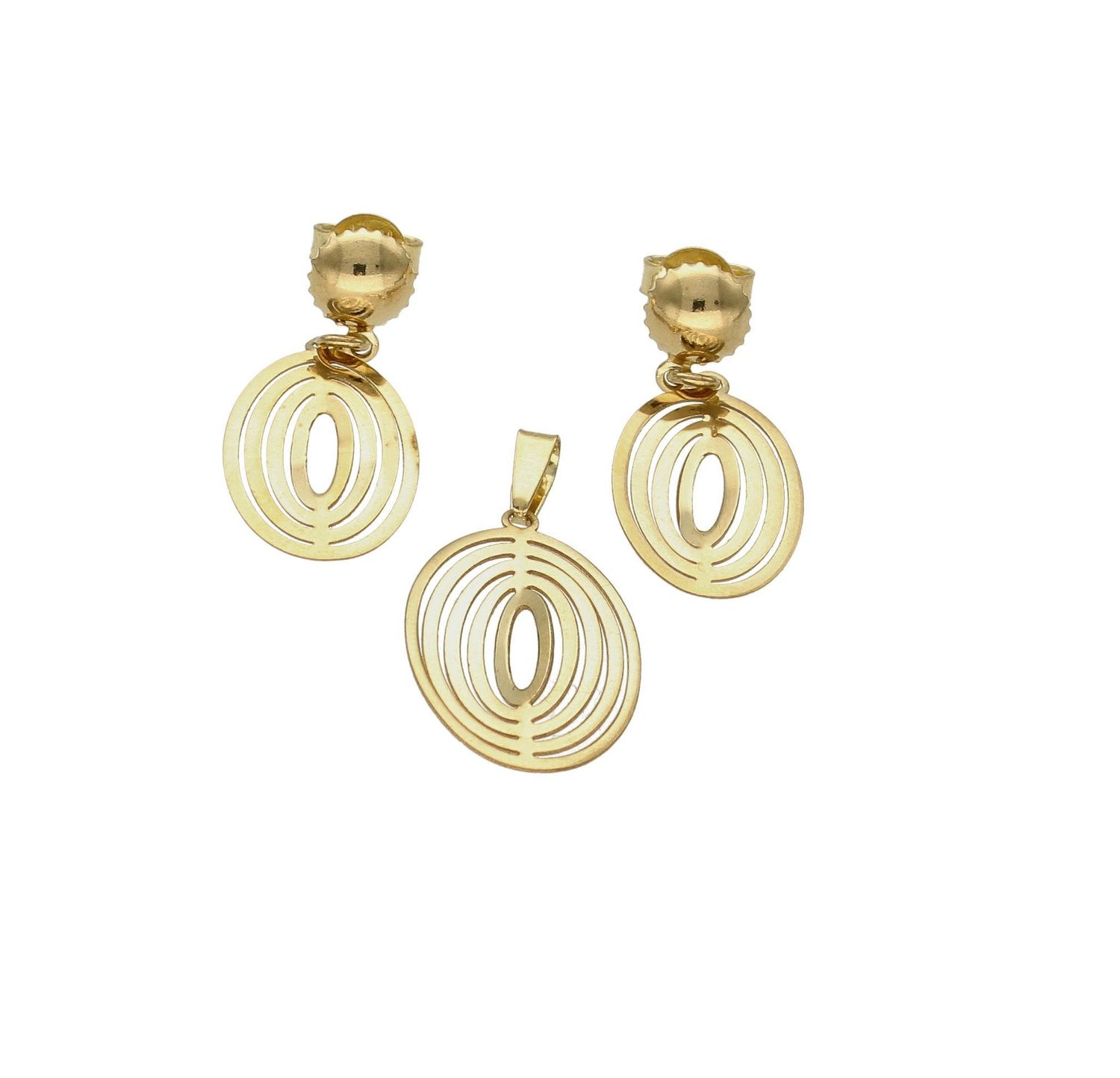 Komplet złotej biżuterii 333 zawieszka i kolczyki w owalnym kształcie DIA-KPL-9144-333. Piękny komplet złotej biżuterii to idealna propozycja na prezent dla ukochanej kobiety. W skład kompletu wchodzą delikatne kolczyki wisząc.jpg